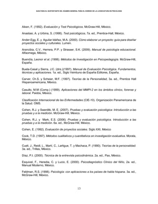 GUÍA PARA EL SUSTENTANTE DEL EXAMEN GENERAL PARA EL EGRESO DE LA LICENCIATURA EN PSICOLOGÍA
13
Aiken, F. (1992). Evaluación y Test Psicológicos. McGraw-Hill, México.
Anastasi, A. y Urbina, S. (1998). Test psicológicos, 7a. ed., Prentice-Hall, México.
Ander-Egg, E. y Aguilar Idáñez, M.A. (2000). Cómo elaborar un proyecto: guía para diseñar
proyectos sociales y culturales. Lumen.
Arancibia, C.V., Herrera, P.P. y Strasser, S.K. (2009). Manual de psicología educacional.
Alfaomega, México.
Buendía, Leonor et al. (1998). Métodos de Investigación en Psicopedagogía. McGraw-Hill,
España.
Buela-Casal y Sierra, J.C. (dirs.)(1997). Manual de Evaluación Psicológica. Fundamentos,
técnicas y aplicaciones. 1a. ed., Siglo Veintiuno de España Editores, España.
Carver, Ch.S. y Scheier, M.F. (1997). Teorías de la Personalidad, 3a. ed., Prentice Hall
Hispanoamericana, México.
Casullo, M.M (Comp.) (1999). Aplicaciones del MMPI-2 en los ámbitos clínico, forense y
laboral. Paidós, México.
Clasificación Internacional de las Enfermedades (CIE-10). Organización Panamericana de
la Salud. OMS.
Cohen, R.J. y Swerdlik, M. E. (2007). Pruebas y evaluación psicológica: Introducción a las
pruebas y a la medición. McGraw-Hill, México.
Cohen, R.J. y Mark, E.S. (2006). Pruebas y evaluación psicológica. Introducción a las
pruebas y a la medición. 6a. ed., McGraw-Hill, México.
Cohen, E. (1992). Evaluación de proyectos sociales. Siglo XXI, México
Cook, T.D. (1997). Métodos cualitativos y cuantitativos en investigación evaluativa. Morata,
México.
Cueli, J., Reidl, L., Martí, C., Lartigue, T. y Machaca, P. (1990). Teorías de la personalidad.
3a. ed., Trillas, México.
Díaz, P.I. (2000). Técnica de la entrevista psicodinámica. 2a. ed., Pax, México.
Esquivel, F., Heredia, C. y Lucio, E. (2000). Psicodiagnóstico Clínico del Niño, 2a. ed.,
Manual Moderno, México.
Feldman, R.S. (1998). Psicología: con aplicaciones a los países de habla hispana. 3a. ed.,
McGraw-Hill, México.
 