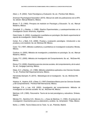 GUÍA PARA EL SUSTENTANTE DEL EXAMEN GENERAL PARA EL EGRESO DE LA LICENCIATURA EN PSICOLOGÍA
18
Aiken, L. R. (2002). Tests Psicológicos y Evaluación. 8a. ed., Prentice Hall, México.
American Psychological Association (2010). Manual de estilo de publicaciones de la APA.
3a. edición. Manual Moderno, México.
Brown, F. G. (1993). Principios de medición en Psicología y Educación. 7a. ed., Manual
Moderno, México.
Campbell, D. y Stanley, J. (1996). Diseños Experimentales y cuasiexperimentales en la
Investigación Social. Amorrortu, Argentina.
Clark-Carter, D. (2002). Investigación cuantitativa en psicología: Del diseño experimental al
reporte de investigación. Oxford, México.
Cohen, R.J. y Mark, E.S. (2006). Pruebas y evaluación psicológica. Introducción a las
pruebas y a la medición. 6a. ed. McGraw-Hill, México.
Cook, T.D. (1997). Métodos cualitativos y cuantitativos en investigación evaluativa. Morata,
México.
Coolican, H. (2005). Métodos de investigación y estadística en psicología. 3a. ed., Manual
Moderno, México.
Cozby, P.C. (2005). Métodos de Investigación del Comportamiento. 8a. ed., McGraw-Hill,
México.
Elorza, P.H. (2008). Estadística para las ciencias sociales, del comportamiento y de la salud.
3a. ed., Cengage Learning, México.
Glass, G.V. y Stanley, J.C. (1986). Métodos estadísticos aplicados a las Ciencias Sociales.
1a. ed., Prentice-Hall Hispanoamericana, México.
Hernández-Sampieri, R. (2010). Metodología de la Investigación. 5a. ed., McGraw-Hill,
México.
Hopkins, K., Hopkins, B.R. y Glass, G. (1997) Estadística Básica para las Ciencias Sociales
y del Comportamiento. Prentice-Hall Internacional, México.
Kerlinger, F.N. y Lee, H.B. (2002). Investigación del comportamiento: Métodos de
investigación en ciencias sociales. 4a. ed., McGraw-Hill, México.
Martínez, A.R. (1995). Psicometría: Teoría de los test psicológicos y educativos. Síntesis,
Madrid.
Méndez R.I., Namihira G.D., Moreno A.L. y Sosa de Martínez, C. (1994). El protocolo de
investigación: lineamientos para su elaboración y análisis. 3a. reimpresión. Trillas, México
Muñiz, J. (1994). Teoría Clásica de los Tests. 1a. ed., Pirámide, Madrid.
 