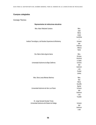 G U Í A P A R A E L S U S T E N T A N T E D E L E X A M E N G E N E R A L P A R A E L E G R E S O D E L A L I C E N C I A T U R A E N P S I C O L O G Í A
56
Cuerpos colegiados
Consejo Técnico
Representantes de instituciones educativas
Mtra. Katia Villafuerte Cardona Mtro.
Jose
María
López
Landiriba
r
Instituto Tecnológico y de Estudios Superiores de Monterrey Universi
dad
Anáhuac
, México
Norte
Dra. María Celina Aguirre Ibarra Mtro.
Enrique
Anchond
o López
Universidad Autónoma de Baja California Universi
dad
Autónom
a de
Ciudad
Juárez
Mtra. Silvia Larisa Méndez Martínez Mtra.
Elia
María
Escoffié
Aguilar
Universidad Autónoma de San Luis Potosí Universi
dad
Autónom
a de
Yucatán
Dr. Jorge Gonzalo Escobar Torres
Universidad Autónoma del Estado de Hidalgo Universi
dad
Autónom
a del
 