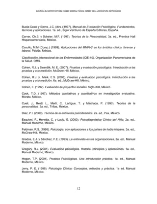GUÍA PARA EL SUSTENTANTE DEL EXAMEN GENERAL PARA EL EGRESO DE LA LICENCIATURA EN PSICOLOGÍA
12
Buela-Casal y Sierra, J.C. (dirs.)(1997). Manual de Evaluación Psicológica. Fundamentos,
técnicas y aplicaciones. 1a. ed., Siglo Veintiuno de España Editores, España.
Carver, Ch.S. y Scheier, M.F. (1997). Teorías de la Personalidad, 3a. ed., Prentice Hall
Hispanoamericana, México.
Casullo, M.M (Comp.) (1999). Aplicaciones del MMPI-2 en los ámbitos clínico, forense y
laboral. Paidós, México.
Clasificación Internacional de las Enfermedades (CIE-10). Organización Panamericana de
la Salud. OMS.
Cohen, R.J. y Swerdlik, M. E. (2007). Pruebas y evaluación psicológica: Introducción a las
pruebas y a la medición. McGraw-Hill, México.
Cohen, R.J. y Mark, E.S. (2006). Pruebas y evaluación psicológica. Introducción a las
pruebas y a la medición. 6a. ed., McGraw-Hill, México.
Cohen, E. (1992). Evaluación de proyectos sociales. Siglo XXI, México
Cook, T.D. (1997). Métodos cualitativos y cuantitativos en investigación evaluativa.
Morata, México.
Cueli, J., Reidl, L., Martí, C., Lartigue, T. y Machaca, P. (1990). Teorías de la
personalidad. 3a. ed., Trillas, México.
Díaz, P.I. (2000). Técnica de la entrevista psicodinámica. 2a. ed., Pax, México.
Esquivel, F., Heredia, C. y Lucio, E. (2000). Psicodiagnóstico Clínico del Niño, 2a. ed.,
Manual Moderno, México.
Feldman, R.S. (1998). Psicología: con aplicaciones a los países de habla hispana. 3a. ed.,
McGraw-Hill, México.
Grados, E.J. y Sánchez, F.E. (1993). La entrevista en las organizaciones, 2a. ed., Manual
Moderno, México.
Gregory, R.J. (2001). Evaluación psicológica. Historia, principios y aplicaciones, 1a. ed.,
Manual Moderno, México.
Hogan, T.P. (2004). Pruebas Psicológicas. Una introducción práctica. 1a. ed., Manual
Moderno, México.
Jerry, P. E. (1996). Psicología Clínica: Conceptos, métodos y práctica. 1a ed. Manual
Moderno, México.
 