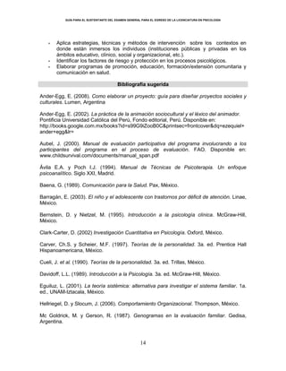 GUÍA PARA EL SUSTENTANTE DEL EXAMEN GENERAL PARA EL EGRESO DE LA LICENCIATURA EN PSICOLOGÍA
14
Aplica estrategias, técnicas y métodos de intervención sobre los contextos en
donde están inmersos los individuos (instituciones públicas y privadas en los
ámbitos educativo, clínico, social y organizacional, etc.).
Identificar los factores de riesgo y protección en los procesos psicológicos.
Elaborar programas de promoción, educación, formación/extensión comunitaria y
comunicación en salud.
Bibliografía sugerida
Ander-Egg, E. (2008). Como elaborar un proyecto: guía para diseñar proyectos sociales y
culturales. Lumen, Argentina
Ander-Egg, E. (2002). La práctica de la animación sociocultural y el léxico del animador.
Pontificia Universidad Católica del Perú, Fondo editorial, Perú. Disponible en:
http://books.google.com.mx/books?id=s99G9iZooB0C&printsec=frontcover&dq=ezequiel+
ander+egg&lr=
Aubel, J. (2000). Manual de evaluación participativa del programa involucrando a los
participantes del programa en el proceso de evaluación. FAO. Disponible en:
www.childsurvival.com/documents/manual_span.pdf
Ávila E.A. y Poch I.J. (1994). Manual de Técnicas de Psicoterapia. Un enfoque
psicoanalítico. Siglo XXI, Madrid.
Baena, G. (1989). Comunicación para la Salud. Pax, México.
Barragán, E. (2003). El niño y el adolescente con trastornos por déficit de atención. Linae,
México.
Bernstein, D. y Nietzel, M. (1995). Introducción a la psicología clínica. McGraw-Hill,
México.
Clark-Carter, D. (2002) Investigación Cuantitativa en Psicología. Oxford, México.
Carver, Ch.S. y Scheier, M.F. (1997). Teorías de la personalidad. 3a. ed. Prentice Hall
Hispanoamericana, México.
Cueli, J. et al. (1990). Teorías de la personalidad. 3a. ed. Trillas, México.
Davidoff, L.L. (1989). Introducción a la Psicología. 3a. ed. McGraw-Hill, México.
Eguiluz, L. (2001). La teoría sistémica: alternativa para investigar el sistema familiar. 1a.
ed., UNAM-Iztacala, México.
Hellriegel, D. y Slocum, J. (2006). Comportamiento Organizacional. Thompson, México.
Mc Goldrick, M. y Gerson, R. (1987). Genogramas en la evaluación familiar. Gedisa,
Argentina.
 
