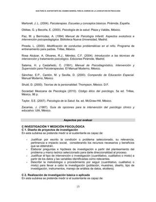 GUÍA PARA EL SUSTENTANTE DEL EXAMEN GENERAL PARA EL EGRESO DE LA LICENCIATURA EN PSICOLOGÍA
15
Martorell, J. L. (2004). Psicoterapias. Escuelas y conceptos básicos. Pirámide, España.
Oblitas, G. y Becoña, E. (2000). Psicología de la salud. Plaza y Valdés, México.
Paz, M. y Bermúdez, A. (1994) Manual de Psicología Infantil. Aspectos evolutivos e
intervención psicopedagógica. Biblioteca Nueva Universidad, Madrid.
Pineda, L. (2000). Modificación de conductas problemáticas en el niño. Programa de
entrenamiento para padres. Trillas, México.
Rosa Alcázar, A. Olivares, R.J., Méndez, C.F. (2004). Introducción a las técnicas de
intervención y tratamiento psicológico. Ediciones Pirámide, Madrid.
Salama, H. y Castañedo, C. (1991). Manual de Psicodiagnóstico, Intervención y
Supervisión para Psicoterapeutas. El Manual Moderno, México.
Sánchez, E.P., Cantón, M. y Sevilla, D. (2000). Compendio de Educación Especial.
Manual Moderno, México
Shuld, D. (2000). Teorías de la personalidad. Thompson, México. D.F.
Sociedad Mexicana de Psicología (2010). Código ético del psicólogo, 5a ed. Trillas,
México, 96 p.
Taylor, S.E. (2007). Psicología de la Salud. 6a. ed. McGraw-Hill, México.
Zacarías, J. (1987). Guía de opciones para la intervención del psicólogo clínico y
educativo. UIA, México.
Aspectos por evaluar
C INVESTIGACIÓN Y MEDICIÓN PSICOLÓGICA
C 1. Diseño de proyectos de investigación
En esta subárea se pretende medir si el sustentante es capaz de:
Justificar por escrito la condición o problema seleccionado, su relevancia,
pertinencia e impacto social, considerando los recursos necesarios y beneficios
que se obtendrán.
Elaborar preguntas e hipótesis de investigación a partir del planteamiento del
problema y marco teórico seleccionado para darle direccionalidad al proceso.
Justificar el tipo de intervención o investigación (cuantitativo, cualitativo o mixto) a
partir de los datos y las variables identificadas como relevantes.
Describir la metodología o procedimiento por seguir (cuantitativo, cualitativo o
mixto) para llevar a cabo la investigación (población, muestreo, diseño, tipo de
investigación, instrumentos, manejo de análisis de datos, etcétera).
C 2. Realización de investigación básica o aplicada
En esta subárea se pretende medir si el sustentante es capaz de:
 