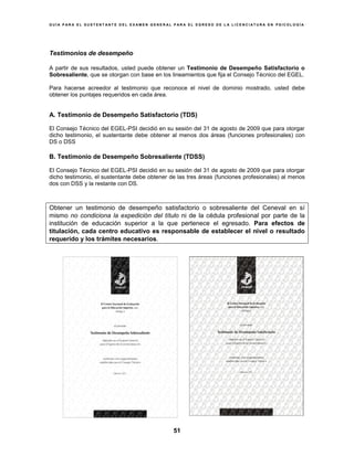 G U Í A P A R A E L S U S T E N T A N T E D E L E X A M E N G E N E R A L P A R A E L E G R E S O D E L A L I C E N C I A T U R A E N P S I C O L O G Í A
51
Testimonios de desempeño
A partir de sus resultados, usted puede obtener un Testimonio de Desempeño Satisfactorio o
Sobresaliente, que se otorgan con base en los lineamientos que fija el Consejo Técnico del EGEL.
Para hacerse acreedor al testimonio que reconoce el nivel de dominio mostrado, usted debe
obtener los puntajes requeridos en cada área.
A. Testimonio de Desempeño Satisfactorio (TDS)
El Consejo Técnico del EGEL-PSI decidió en su sesión del 31 de agosto de 2009 que para otorgar
dicho testimonio, el sustentante debe obtener al menos dos áreas (funciones profesionales) con
DS o DSS
B. Testimonio de Desempeño Sobresaliente (TDSS)
El Consejo Técnico del EGEL-PSI decidió en su sesión del 31 de agosto de 2009 que para otorgar
dicho testimonio, el sustentante debe obtener de las tres áreas (funciones profesionales) al menos
dos con DSS y la restante con DS.
Obtener un testimonio de desempeño satisfactorio o sobresaliente del Ceneval en sí
mismo no condiciona la expedición del título ni de la cédula profesional por parte de la
institución de educación superior a la que pertenece el egresado. Para efectos de
titulación, cada centro educativo es responsable de establecer el nivel o resultado
requerido y los trámites necesarios.
 