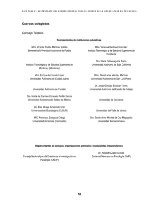 G U Í A P A R A E L S U S T E N T A N T E D E L E X A M E N G E N E R A L P A R A E L E G R E S O D E L A L I C E N C I A T U R A E N P S I C O L O G Í A
56
Cuerpos colegiados
Consejo Técnico
Representantes de instituciones educativas
Mtro. Vicente Andrés Martínez Valdés Mtra. Vanessa Medrano González
Benemérita Universidad Autónoma de Puebla Instituto Tecnológico y de Estudios Superiores de
Occidente
Dra. María Celina Aguirre Ibarra
Instituto Tecnológico y de Estudios Superiores de
Monterrey (Monterrey)
Universidad Autónoma de Baja California
Mtro. Enrique Anchondo López Mtra. Silvia Larisa Méndez Martínez
Universidad Autónoma de Ciudad Juárez Universidad Autónoma de San Luis Potosí
Dr. Jorge Gonzalo Escobar Torres
Universidad Autónoma de Yucatán Universidad Autónoma del Estado de Hidalgo
Dra. María del Carmen Consuelo Farfán García
Universidad Autónoma del Estado de México Universidad de Occidente
Lic. Elba Mireya Arredondo Urtiz
Universidad de Guadalajara (CUSUR) Universidad del Valle de México
M.C. Francisco Zaragoza Ortega Dra. Sandra Irma Montes de Oca Mayagoitia
Universidad de Sonora (Hermosillo) Universidad Iberoamericana
Representantes de colegios, organizaciones gremiales y especialistas independientes
Dr. Alejandro Zalce Aceves
Consejo Nacional para la Enseñanza e Investigación en
Psicología (CNEIP)
Sociedad Mexicana de Psicología (SMP)
 