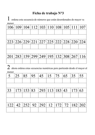 Ficha de trabajo N°3
1 ordena esta secuencia de números que están desordenados de mayor va
menor
106 109 104 112 103 110 108 105 111 107


223 226 229 221 227 225 222 228 220 224


201 283 159 299 249 195 132 308 267 116

2 ahora ordena estas secuencias numéricas pero partiendo desde el mayor al
menor
5       25 85 95 45 15 75 65 35 55


33 173 153 83 293 113 183 43 173 63


122 42 252 92 292 12 172 72 182 202
 