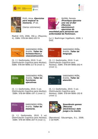 PUIG, Anna. Ejercicios                    QUINN, Pamela.
           para mejorar la                           ¡Practique ejercicio
           memoria. 3ª ed.                           una vez al día!
                                                     [Recurso
           (Varios volúmenes)                        electrónico]:
                                                     ejercicios de
                                         movilidad para personas con
                                         enfermedad de Parkinson.
Madrid: CCS, 2006. 356 p. (Mayores;
4). ISBN: 978-84-9842-057-9         [s.l.]: Boehringer Ingelheim, 2008. 1
                                    DVD.



              SARDINERO PEÑA,                         SARDINERO PEÑA,
              Andrés. Taller de                       Andrés. Taller de
              lectoescritura y                        lenguaje.
              visoconstrucción.

[S. l.]: Gesfomedia, 2010. 5 vol.        [S. l.]: Gesfomedia, 2010. 5 vol.
(Estimulación Cognitiva para Adultos).   (Estimulación Cognitiva para
ISBN: 978-84-9896-217-8 (nivel 1)        Adultos). ISBN: 978-84-9896-202-4
                                         (nivel 1).



               SARDINERO PEÑA,                        SARDINERO PEÑA,
               Andrés. Taller de                      Andrés. Taller de
               funciones                              atención.
               ejecutivas.


[S. l.]: Gesfomedia, 2010. 5 vol.        [S. l.]: Gesfomedia, 2010. 5 vol.
(Estimulación Cognitiva para Adultos).   (Estimulación Cognitiva para
 ISBN: 978-84-9896-197-3 (nivel 1)       Adultos). ISBN: 978-84-9896-192-8
                                         (nivel 1)



              SARDINERO PEÑA,                         Smartbrain games
              Andrés. Taller de                       [Recurso
              memoria.                                electrónico]: dale
                                                      juego a tu mente.

[S. l.]: Gesfomedia, 2010. 5 vol.
(Estimulación Cognitiva para Adultos). [Barcelona]: Educamigos, D.L. 2008.
 ISBN: 978-84-9896-207-9 (nivel 1).    1 CD-ROM.




                                         6
 