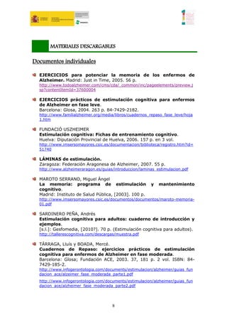 MATERIALES DESCARGABLES

Documentos individuales

  EJERCICIOS para potenciar la memoria de los enfermos de
  Alzheimer. Madrid: Just in Time, 2005. 56 p.
  http://www.todoalzheimer.com/cms/cda/_common/inc/pageelements/preview.j
  sp?contentItemId=37600004

  EJERCICIOS prácticos de estimulación cognitiva para enfermos
  de Alzheimer en fase leve.
  Barcelona: Glosa, 2004. 263 p. 84-7429-2182.
  http://www.familialzheimer.org/media/libros/cuadernos_repaso_fase_leve/hoja
  1.htm

  FUNDACIÓ USZHEIMER
  Estimulación cognitiva: Fichas de entrenamiento cognitivo.
  Huelva: Diputación Provincial de Huelva, 2006. 157 p. en 3 vol.
  http://www.imsersomayores.csic.es/documentacion/biblioteca/registro.htm?id=
  51740

  LÁMINAS de estimulación.
  Zaragoza: Federación Aragonesa de Alzheimer, 2007. 55 p.
  http://www.alzheimeraragon.es/guias/introduccion/laminas_estimulacion.pdf

  MAROTO SERRANO, Miguel Ángel
  La memoria: programa de estimulación                  y   mantenimiento
  cognitivo.
  Madrid: Instituto de Salud Pública, [2003]. 100 p.
  http://www.imsersomayores.csic.es/documentos/documentos/maroto-memoria-
  01.pdf

  SARDINERO PEÑA, Andrés
  Estimulación cognitiva para adultos: cuaderno de introducción y
  ejemplos.
  [s.l.]: Gesfomedia, [2010?]. 70 p. (Estimulación cognitiva para adultos).
  http://tallerescognitiva.com/descargas/muestra.pdf

  TÁRRAGA, Lluís y BOADA, Mercé.
  Cuadernos de Repaso: ejercicios prácticos de estimulación
  cognitiva para enfermos de Alzheimer en fase moderada.
  Barcelona: Glosa; Fundación ACE, 2003. 37, 181 p. 2 vol. ISBN: 84-
  7429-185-2.
  http://www.infogerontologia.com/documents/estimulacion/alzheimer/guias_fun
  dacion_ace/alzeimer_fase_moderada_parte1.pdf
  http://www.infogerontologia.com/documents/estimulacion/alzheimer/guias_fun
  dacion_ace/alzheimer_fase_moderada_parte2.pdf




                                      8
 