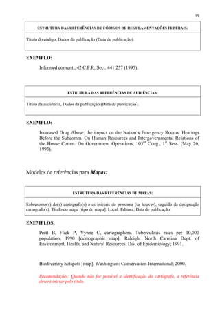 99


      ESTRUTURA DAS REFERÊNCIAS DE CÓDIGOS DE REGULAMENTAÇÕES FEDERAIS:


Título do código, Dados da publicação (Data de publicação).



EXEMPLO:

       Informed consent., 42 C.F.R. Sect. 441.257 (1995).




                      ESTRUTURA DAS REFERÊNCIAS DE AUDIÊNCIAS:


Título da audiência, Dados da publicação (Data de publicação).



EXEMPLO:

       Increased Drug Abuse: the impact on the Nation’s Emergency Rooms: Hearings
       Before the Subcomm. On Human Resources and Intergovernmental Relations of
       the House Comm. On Government Operations, 103rd Cong., 1st Sess. (May 26,
       1993).



Modelos de referências para Mapas:


                         ESTRUTURA DAS REFERÊNCIAS DE MAPAS:


Sobrenome(s) do(s) cartógrafo(s) e as iniciais do prenome (se houver), seguido da designação
cartógrafo(s). Título do mapa [tipo do mapa]. Local: Editora; Data de publicação.


EXEMPLOS:

       Pratt B, Flick P, Vynne C, cartographers. Tuberculosis rates per 10,000
       population, 1990 [demographic map]. Raleigh: North Carolina Dept. of
       Environment, Health, and Natural Resources, Div. of Epidemiology; 1991.



       Biodiversity hotspots [map]. Washington: Conservation International; 2000.

       Recomendações: Quando não for possível a identificação do cartógrafo, a referência
       deverá iniciar pelo título.
 
