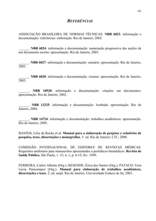 102


                                  REFERÊNCIAS

ASSOCIAÇÃO BRASILEIRA DE NORMAS TÉCNICAS. NBR 6023: informação e
documentação: referências: elaboração. Rio de Janeiro, 2002.

______. NBR 6024: informação e documentação: numeração progressiva das seções de
um documento escrito: apresentação. Rio de Janeiro, 2003.

______. NBR 6027: informação e documentação: sumário: apresentação. Rio de Janeiro,
2003.

______. NBR 6028: informação e documentação: resumo: apresentação. Rio de Janeiro,
2003.

______. NBR 10520: informação e documentação: citações em documentos:
apresentação. Rio de Janeiro, 2002.

______. NBR 12225: informação e documentação: lombada: apresentação. Rio de
Janeiro, 2004.

______. NBR 14724: informação e documentação: trabalhos acadêmicos: apresentação.
Rio de Janeiro, 2005.

BASTOS, Lília da Rocha et al. Manual para a elaboração de projetos e relatórios de
pesquisa, teses, dissertações e monografias. 5. ed. Rio de Janeiro: LTC, 2000.

COMISSÃO INTERNACIONAL DE EDITORES DE REVISTAS MÉDICAS.
Requisitos uniformes para manuscritos apresentados a periódicos biomédicos. Revista de
Saúde Pública, São Paulo, v. 33, n. 1, p. 6-15, fev. 1999.

FERREIRA, Carlos Alberto (Org.); RESENDE, Érica dos Santos (Org.); PATACO, Vera
Lúcia Paracampos (Org.). Manual para elaboração de trabalhos acadêmicos,
dissertações e teses. 2. ed. ampl. Rio de Janeiro: Universidade Estácio de Sá, 2003.
 