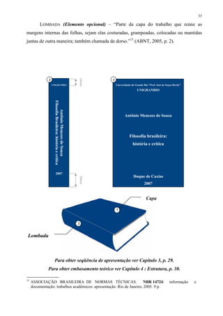 33

          LOMBADA (Elemento opcional) – “Parte da capa do trabalho que reúne as
margens internas das folhas, sejam elas costuradas, grampeadas, colocadas ou mantidas
juntas de outra maneira; também chamada de dorso.”15 (ABNT, 2005, p. 2).




               2                                                10mm   1
                   UNIGRANRIO                                              Universidade do Grande Rio “Prof. José de Souza Herdy”
                                                                                            UNIGRANRIO
                     Filosofia Brasileira: história e crítica
                          Antônio Menezes de Souza




                                                                                  Antônio Menezes de Souza




                                                                                      Filosofia brasileira:
                                                                                         história e crítica




                         2007
                                                                                         Duque de Caxias
                                                                30mm




                                                                                                  2007


                                                                                                    Capa

                                                                           1



                                                                2


 Lombada



                     Para obter seqüência de apresentação ver Capítulo 3, p. 29.
               Para obter embasamento teórico ver Capítulo 4 : Estrutura, p. 30.

15
     ASSOCIAÇÃO BRASILEIRA DE NORMAS TÉCNICAS.                         NBR 14724:                                      informação   e
     documentação: trabalhos acadêmicos: apresentação. Rio de Janeiro, 2005. 9 p.
 