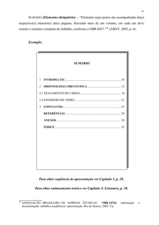 51

          SUMÁRIO (Elemento obrigatório) – “Elemento cujas partes são acompanhadas do(s)
respectivo(s) número(s) da(s) páginas. Havendo mais de um volume, em cada um deve
constar o sumário completo do trabalho, conforme a NBR 6027.”28 (ABNT, 2005, p. 6).


          Exemplo:




                                                            SUMÁRIO




                   1   INTRODUÇÃO........................................................... ..................10

                   2   ODONTOLOGIA PREVENTIVA.............................................. 12

                   2.1 TRATAMENTO DE CÁRIES........................................................ 18

                   2.2 IONÔMERO DE VIDRO............................................................... 21

                   3   CONCLUSÃO.............................................................. .................25

                       REFERÊNCIAS ........................................................................... 29

                       ANEXOS........................................................................................ 30

                       ÍNDICE ......................................................................................... 32




                  Para obter seqüência de apresentação ver Capítulo 3, p. 29.

               Para obter embasamento teórico ver Capítulo 4: Estrutura, p. 30.


28
     ASSOCIAÇÃO BRASILEIRA DE NORMAS TÉCNICAS.                         NBR 14724:                                    informação   e
     documentação: trabalhos acadêmicos: apresentação. Rio de Janeiro, 2005. 9 p.
 