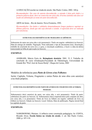 65

       A EDUCAÇÃO escolar na virada do século. São Paulo: Cortez, 2002. 168 p.
       Recomendações: Em caso de autoria desconhecida, a entrada é feita pelo título e a
       primeira palavra deste, deve ser transcrito em caixa alta. O termo anônimo não deve ser
       usado em substituição ao nome do autor desconhecido.

       ARTE de furtar... Rio de Janeiro: Nova Fronteira, 1992.
       Recomendações: Em títulos e subtítulos demasiadamente longos podem-se suprimir as
       últimas palavras, desde que não seja alterado o sentido. A supressão deve ser indicada
       por reticências.


               ESTRUTURA DAS REFERÊNCIAS DE TRABALHOS ACADÊMICOS:


Sobrenome do autor em caixa alta e o(s) prenome(s). Título em negrito: subtítulo(s) (se houver).
Data de entrega do trabalho. Paginação. Nota indicando o tipo de documento (tese, dissertação,
trabalho de conclusão de curso etc.), o grau, a vinculação acadêmica, o local e a data da defesa
mencionada na folha de aprovação (se houver).

EXEMPLO:

       ANDRADE, Márcia Faria de. Reimplante dentário. 2001. 51 f. Trabalho de
       conclusão de curso (Graduação)-Faculdade de Odontologia, Universidade do
       Grande Rio “Prof. José de Souza Herdy”, Duque de Caxias, 2002



Modelos de referências para Parte de Livros e/ou Folhetos:
Inclui: Capítulo, Volume, Fragmento e outras Partes de uma obra com autor(es)
e/ou título próprios.


   ESTRUTURA DAS REFERÊNCIAS DE PARTE DE LIVROS E/OU FOLHETOS COM AUTOR(ES)
                                           PESSOAIS:


Sobrenome(s) do(s) autor(es) da parte, em caixa alta, e o(s) prenome(s). Título da parte:
subtítulo(s) da parte (se houver). In: Sobrenome(s) do(s) responsável(is) pelo conjunto da obra,
em caixa alta, e os prenome(s). Título do livro ou folheto em negrito: subtítulo do livro ou
folheto (se houver). Edição (se houver). Local: Editora, Data de publicação. Página inicial-final
ou capítulo da parte.

EXEMPLOS:


       NARODOWSKI, Mariano. A infância como construção pedagógica. In: COSTA,
       Ricardo Alves. Escola básica na virada do século. 2. ed. São Paulo: Cortez,
       2000. p. 107-118.
 