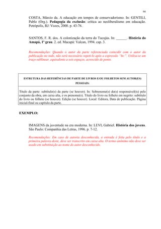 66

       COSTA, Márcio da. A educação em tempos de conservadorismo. In: GENTILI,
       Pablo (Org.). Pedagogia da exclusão: crítica ao neoliberalismo em educação.
       Petrópolis, RJ: Vozes, 2000. p. 43-76.


       SANTOS, F. R. dos. A colonização da terra do Tucujús. In: ______. História do
       Amapá, 1º grau. 2. ed. Macapá: Valcan, 1994. cap. 3.

       Recomendações: Quando o autor da parte referenciada coincidir com o autor da
       publicação no todo, não será necessário repeti-lo após a expressão “In:”. Utiliza-se um
       traço sublinear, equivalente a seis espaços, acrescido de ponto.




   ESTRUTURA DAS REFERÊNCIAS DE PARTE DE LIVROS E/OU FOLHETOS SEM AUTOR(ES)
                                           PESSOAIS:


Título da parte: subtítulo(s) da parte (se houver). In: Sobrenome(s) do(s) responsável(is) pelo
conjunto da obra, em caixa alta, e os prenome(s). Título do livro ou folheto em negrito: subtítulo
do livro ou folheto (se houver). Edição (se houver). Local: Editora, Data de publicação. Página
inicial-final ou capítulo da parte.


EXEMPLO:


       IMAGENS da juventude na era moderna. In: LEVI, Gabriel. História dos jovens.
       São Paulo: Companhia das Letras, 1996. p. 7-12.

       Recomendações: Em caso de autoria desconhecida, a entrada é feita pelo título e a
       primeira palavra deste, deve ser transcrito em caixa alta. O termo anônimo não deve ser
       usado em substituição ao nome do autor desconhecido.
 