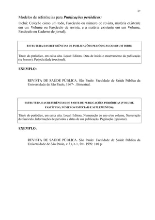 67

Modelos de referências para Publicações periódicas:
Inclui: Coleção como um todo, Fascículo ou número de revista, matéria existente
em um Volume ou Fascículo de revista, e a matéria existente em um Volume,
Fascículo ou Caderno de jornal).


      ESTRUTURA DAS REFERÊNCIAS DE PUBLICAÇÕES PERIÓDICAS COMO UM TODO:


Título do periódico, em caixa alta. Local: Editora, Data de início e encerramento da publicação
(se houver). Periodicidade (opcional).


EXEMPLO:


       REVISTA DE SAÚDE PÚBLICA. São Paulo: Faculdade de Saúde Pública da
       Universidade de São Paulo, 1967- . Bimestral.




    ESTRUTURA DAS REFERÊNCIAS DE PARTE DE PUBLICAÇÕES PERIÓDICAS (VOLUME,
                    FASCÍCULO, NÚMEROS ESPECIAIS E SUPLEMENTOS):


Título do periódico, em caixa alta. Local: Editora, Numeração do ano e/ou volume, Numeração
do fascículo, Informações de períodos e datas de sua publicação. Paginação (opcional).


EXEMPLO:


       REVISTA DE SAÚDE PÚBLICA. São Paulo: Faculdade de Saúde Pública da
       Universidade de São Paulo, v.33, n.1, fev. 1999. 110 p.
 