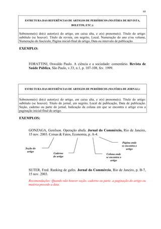 68


    ESTRUTURA DAS REFERÊNCIAS DE ARTIGOS DE PERIÓDICOS (MATÉRIA DE REVISTA,
                                      BOLETIM, ETC.):


Sobrenome(s) do(s) autor(es) do artigo, em caixa alta, e o(s) prenome(s). Título do artigo:
subtítulo (se houver). Título da revista, em negrito, Local, Numeração do ano e/ou volume,
Numeração do fascículo, Página inicial-final do artigo, Data ou intervalo de publicação.

EXEMPLO:



       FORATTINI, Oswaldo Paulo. A ciência e a sociedade: comentário. Revista de
       Saúde Pública, São Paulo, v.33, n.1, p. 107-108, fev. 1999.




    ESTRUTURA DAS REFERÊNCIAS DE ARTIGOS DE PERIÓDICOS (MATÉRIA DE JORNAL):


Sobrenome(s) do(s) autor(es) do artigo, em caixa alta, e o(s) prenome(s). Título do artigo:
subtítulo (se houver). Título do jornal, em negrito, Local de publicação, Data de publicação.
Seção, caderno ou parte do jornal, Indicação da coluna em que se encontra o artigo e/ou a
paginação inicial-final do artigo.

EXEMPLOS:


      GONZAGA, Genilson. Operação abafa. Jornal do Commércio, Rio de Janeiro,
      15 nov. 2003. Coisas & Fatos, Economia, p. A-4.

                                                                               Página onde
                                                                               se encontra o
    Seção do                                                                       artigo
     artigo
                         Caderno                               Coluna onde
                         do artigo                             se encontra o
                                                                   artigo


      SUTER, Fred. Ranking de gafes. Jornal do Commércio, Rio de Janeiro, p. B-7,
      15 nov. 2003.
      Recomendações: Quando não houver seção, caderno ou parte, a paginação do artigo ou
      matéria precede a data.
 