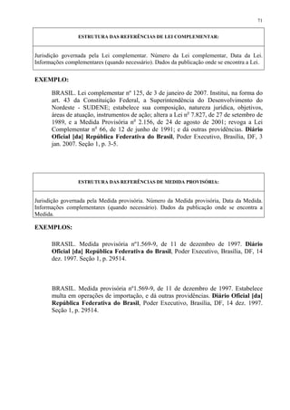 71


                 ESTRUTURA DAS REFERÊNCIAS DE LEI COMPLEMENTAR:


Jurisdição governada pela Lei complementar. Número da Lei complementar, Data da Lei.
Informações complementares (quando necessário). Dados da publicação onde se encontra a Lei.


EXEMPLO:

      BRASIL. Lei complementar nº 125, de 3 de janeiro de 2007. Institui, na forma do
      art. 43 da Constituição Federal, a Superintendência do Desenvolvimento do
      Nordeste - SUDENE; estabelece sua composição, natureza jurídica, objetivos,
      áreas de atuação, instrumentos de ação; altera a Lei no 7.827, de 27 de setembro de
      1989, e a Medida Provisória no 2.156, de 24 de agosto de 2001; revoga a Lei
      Complementar no 66, de 12 de junho de 1991; e dá outras providências. Diário
      Oficial [da] República Federativa do Brasil, Poder Executivo, Brasília, DF, 3
      jan. 2007. Seção 1, p. 3-5.




                 ESTRUTURA DAS REFERÊNCIAS DE MEDIDA PROVISÓRIA:


Jurisdição governada pela Medida provisória. Número da Medida provisória, Data da Medida.
Informações complementares (quando necessário). Dados da publicação onde se encontra a
Medida.

EXEMPLOS:

      BRASIL. Medida provisória nº1.569-9, de 11 de dezembro de 1997. Diário
      Oficial [da] República Federativa do Brasil, Poder Executivo, Brasília, DF, 14
      dez. 1997. Seção 1, p. 29514.



      BRASIL. Medida provisória nº1.569-9, de 11 de dezembro de 1997. Estabelece
      multa em operações de importação, e dá outras providências. Diário Oficial [da]
      República Federativa do Brasil, Poder Executivo, Brasília, DF, 14 dez. 1997.
      Seção 1, p. 29514.
 
