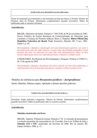 74


                      ESTRUTURA DAS REFERÊNCIAS DE PORTARIA:


Nome da instituição governamental ou da instituição privada que baixou a Portaria. Número da
Portaria, Data da Portaria. Informações complementares (quando necessário). Dados da
publicação onde se encontra a Portaria.

EXEMPLOS:

      BRASIL. Ministério da Saúde. Portaria n.° 2051/GM, de 08 de novembro de 2001.
      Novos Critérios da Norma Brasileira de Comercialização de Alimentos para
      Lactentes e Crianças de Primeira Infância, Bicos e Chupetas. Diário Oficial [da]
      República Federativa do Brasil, Poder Executivo, Brasília, DF, 9 nov. 2001.
      Seção 1, p. 44.

      Recomendações: Quando a organização tem uma denominação genérica, seu nome é
      precedido pelo nome do órgão superior, ou pelo nome da jurisdição geográfica à qual
      pertence que deve ser transcrito em caixa alta. Esta hierarquização, dentro de uma
      mesma organização, deverá ser separada por ponto, conforme o exemplo acima.

      UNIGRANRIO. Pró-Reitoria de Pós-Graduação e Pesquisa. Portaria nº 070813.1,
      de 13 de agosto de 2007.
      Recomendações: Quando o documento não estiver inserido em uma outra publicação, a
      referência descrita será do próprio documento, conforme o último exemplo acima.




Modelos de referências para Documentos jurídicos – Jurisprudência:
Inclui: Súmulas, Habeas-corpus, Apelação e demais decisões judiciais.



                       ESTRUTURA DAS REFERÊNCIAS DE SÚMULA:


Jurisdição. Órgão judiciário competente. Número da Súmula. Informações complementares
(quando necessário). Dados da publicação onde se encontra a súmula.


EXEMPLOS:

      Súmulas encontradas em livros

      BRASIL. Superior Tribunal de Justiça. Súmula nº 30. A comissão de permanência
      e correção monetária são inacumuláveis. In: Carvalho, Jose Luiz Tuffani de (Org.).
      Súmulas STJ e STF: atualizadas até fevereiro de 2006. Rio de Janeiro, RJ:
      Espaço Jurídico, 2006. p. 15.
 