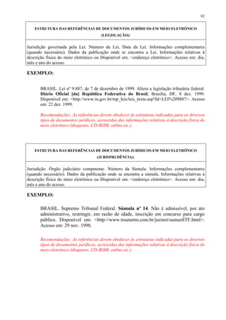 82


    ESTRUTURA DAS REFERÊNCIAS DE DOCUMENTOS JURÍDICOS EM MEIO ELETRÔNICO
                                      (LEGISLAÇÃO):


Jurisdição governada pela Lei. Número da Lei, Data da Lei. Informações complementares
(quando necessário). Dados da publicação onde se encontra a Lei. Informações relativas à
descrição física do meio eletrônico ou Disponível em: <endereço eletrônico>. Acesso em: dia,
mês e ano do acesso.

EXEMPLO:


      BRASIL. Lei nº 9.887, de 7 de dezembro de 1999. Altera a legislação tributária federal.
      Diário Oficial [da] República Federativa do Brasil, Brasília, DF, 8 dez. 1999.
      Disponível em: <http://www.in.gov.br/mp_leis/leis_texto.asp?Id=LEI%209887>. Acesso
      em: 22 dez. 1999.

      Recomendações: As referências devem obedecer às estruturas indicadas para os diversos
      tipos de documentos jurídicos, acrescidas das informações relativas à descrição física do
      meio eletrônico (disquetes, CD-ROM, online etc.).




    ESTRUTURA DAS REFERÊNCIAS DE DOCUMENTOS JURÍDICOS EM MEIO ELETRÔNICO
                                    (JURISPRUDÊNCIA):


Jurisdição. Órgão judiciário competente. Número da Súmula. Informações complementares
(quando necessário). Dados da publicação onde se encontra a súmula. Informações relativas à
descrição física do meio eletrônico ou Disponível em: <endereço eletrônico>. Acesso em: dia,
mês e ano do acesso.

EXEMPLO:

      BRASIL. Supremo Tribunal Federal. Súmula nº 14. Não é admissível, por ato
      administrativo, restringir, em razão de idade, inscrição em concurso para cargo
      público. Disponível em: <http://www.truenetm.com.br/jurinet/sumusSTF.html>.
      Acesso em: 29 nov. 1998.

      Recomendações: As referências devem obedecer às estruturas indicadas para os diversos
      tipos de documentos jurídicos, acrescidas das informações relativas à descrição física do
      meio eletrônico (disquetes, CD-ROM, online etc.).
 