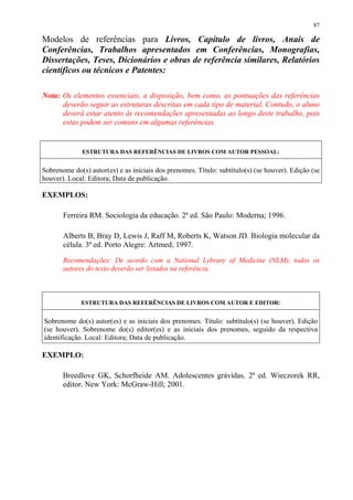 87

Modelos de referências para Livros, Capítulo de livros, Anais de
Conferências, Trabalhos apresentados em Conferências, Monografias,
Dissertações, Teses, Dicionários e obras de referência similares, Relatórios
científicos ou técnicos e Patentes:

Nota: Os elementos essenciais, a disposição, bem como, as pontuações das referências
      deverão seguir as estruturas descritas em cada tipo de material. Contudo, o aluno
      deverá estar atento às recomendações apresentadas ao longo deste trabalho, pois
      estas podem ser comuns em algumas referências.


              ESTRUTURA DAS REFERÊNCIAS DE LIVROS COM AUTOR PESSOAL:


Sobrenome do(s) autor(es) e as iniciais dos prenomes. Título: subtítulo(s) (se houver). Edição (se
houver). Local: Editora; Data de publicação.

EXEMPLOS:

       Ferreira RM. Sociologia da educação. 2ª ed. São Paulo: Moderna; 1996.

       Alberts B, Bray D, Lewis J, Raff M, Roberts K, Watson JD. Biologia molecular da
       célula. 3ª ed. Porto Alegre: Artmed; 1997.

       Recomendações: De acordo com a National Lybrary of Medicine (NLM), todos os
       autores do texto deverão ser listados na referência.



             ESTRUTURA DAS REFERÊNCIAS DE LIVROS COM AUTOR E EDITOR:


Sobrenome do(s) autor(es) e as iniciais dos prenomes. Título: subtítulo(s) (se houver). Edição
(se houver). Sobrenome do(s) editor(es) e as iniciais dos prenomes, seguido da respectiva
identificação. Local: Editora; Data de publicação.

EXEMPLO:

       Breedlove GK, Schorfheide AM. Adolescentes grávidas. 2ª ed. Wieczorek RR,
       editor. New York: McGraw-Hill; 2001.
 