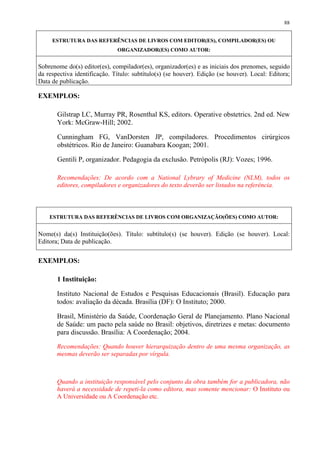 88


     ESTRUTURA DAS REFERÊNCIAS DE LIVROS COM EDITOR(ES), COMPILADOR(ES) OU
                              ORGANIZADOR(ES) COMO AUTOR:


Sobrenome do(s) editor(es), compilador(es), organizador(es) e as iniciais dos prenomes, seguido
da respectiva identificação. Título: subtítulo(s) (se houver). Edição (se houver). Local: Editora;
Data de publicação.

EXEMPLOS:

       Gilstrap LC, Murray PR, Rosenthal KS, editors. Operative obstetrics. 2nd ed. New
       York: McGraw-Hill; 2002.

       Cunningham FG, VanDorsten JP, compiladores. Procedimentos cirúrgicos
       obstétricos. Rio de Janeiro: Guanabara Koogan; 2001.

       Gentili P, organizador. Pedagogia da exclusão. Petrópolis (RJ): Vozes; 1996.

       Recomendações: De acordo com a National Lybrary of Medicine (NLM), todos os
       editores, compiladores e organizadores do texto deverão ser listados na referência.



    ESTRUTURA DAS REFERÊNCIAS DE LIVROS COM ORGANIZAÇÃO(ÕES) COMO AUTOR:


Nome(s) da(s) Instituição(ões). Título: subtítulo(s) (se houver). Edição (se houver). Local:
Editora; Data de publicação.


EXEMPLOS:

       1 Instituição:

       Instituto Nacional de Estudos e Pesquisas Educacionais (Brasil). Educação para
       todos: avaliação da década. Brasília (DF): O Instituto; 2000.

       Brasil, Ministério da Saúde, Coordenação Geral de Planejamento. Plano Nacional
       de Saúde: um pacto pela saúde no Brasil: objetivos, diretrizes e metas: documento
       para discussão. Brasília: A Coordenação; 2004.

       Recomendações: Quando houver hierarquização dentro de uma mesma organização, as
       mesmas deverão ser separadas por vírgula.



       Quando a instituição responsável pelo conjunto da obra também for a publicadora, não
       haverá a necessidade de repeti-la como editora, mas somente mencionar: O Instituto ou
       A Universidade ou A Coordenação etc.
 