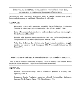 91


      ESTRUTURA DAS REFERÊNCIAS DE TRABALHOS DE CONCLUSÃO DE CURSO (TCC),
               MONOGRAFIAS DE ESPECIALIZAÇÃO, DISSERTAÇÕES OU TESES:


Sobrenome do autor e as iniciais do prenome. Título do trabalho: subtítulo(s) (se houver).
[monografia, dissertação ou tese]. Local: Editora; Data de publicação.


EXEMPLOS:

       Rocha GM. A educação continuada na prática do profissional de enfermagem
       [trabalho de conclusão de curso]. Duque de Caxias: UNIGRANRIO; 2006.

       Costa MN. A odontologia nos tempos modernos [monografia de especialização].
       Rio de Janeiro: UFRJ ; 2000.

       Barcelos MFP. Dilemas perante os cuidados com o seu recém-nato [dissertação].
       Campinas (SP): Universidade Estadual de Campinas; 1998.

       Villas-Boas F. Estudo das relações entre desenvolvimento somático e erupção
       dentária em escolares [tese]. Araraquara (SP): Universidade Estadual de São
       Paulo; 1994.




   ESTRUTURA DAS REFERÊNCIAS DE DICIONÁRIOS E OBRAS DE REFERÊNCIA SIMILARES:


Título da obra de referência: subtítulo(s) (se houver). Edição (se houver). Local: Editora; Data de
publicação. Termo pesquisado; Página inicial-final do termo pesquisado.


EXEMPLOS:

       Stedman’s medical dictionary. 26th ed. Baltimore: Williams & Wilkins; 1995.
       Apraxia; p. 119-20.

       Koogan A, Houaiss A, diretor e supervisor editorial. Enciclopédia e dicionário:
       ilustrado. Rio de Janeiro: Delta; 1996. Odontólogo; p. 598.
 