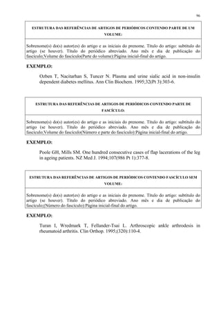 96


   ESTRUTURA DAS REFERÊNCIAS DE ARTIGOS DE PERIÓDICOS CONTENDO PARTE DE UM
                                          VOLUME:


Sobrenome(s) do(s) autor(es) do artigo e as iniciais do prenome. Título do artigo: subtítulo do
artigo (se houver). Título do periódico abreviado. Ano mês e dia de publicação do
fascículo;Volume do fascículo(Parte do volume):Página inicial-final do artigo.

EXEMPLO:

       Ozben T, Nacitarhan S, Tuncer N. Plasma and urine sialic acid in non-insulin
       dependent diabetes mellitus. Ann Clin Biochem. 1995;32(Pt 3):303-6.



    ESTRUTURA DAS REFERÊNCIAS DE ARTIGOS DE PERIÓDICOS CONTENDO PARTE DE
                                         FASCÍCULO:


Sobrenome(s) do(s) autor(es) do artigo e as iniciais do prenome. Título do artigo: subtítulo do
artigo (se houver). Título do periódico abreviado. Ano mês e dia de publicação do
fascículo;Volume do fascículo(Número e parte do fascículo):Página inicial-final do artigo.

EXEMPLO:

       Poole GH, Mills SM. One hundred consecutive cases of flap lacerations of the leg
       in ageing patients. NZ Med J. 1994;107(986 Pt 1):377-8.


 ESTRUTURA DAS REFERÊNCIAS DE ARTIGOS DE PERIÓDICOS CONTENDO FASCÍCULO SEM
                                          VOLUME:


Sobrenome(s) do(s) autor(es) do artigo e as iniciais do prenome. Título do artigo: subtítulo do
artigo (se houver). Título do periódico abreviado. Ano mês e dia de publicação do
fascículo;(Número do fascículo):Página inicial-final do artigo.

EXEMPLO:

       Turan I, Wredmark T, Fellander-Tsai L. Arthroscopic ankle arthrodesis in
       rheumatoid arthritis. Clin Orthop. 1995;(320):110-4.
 