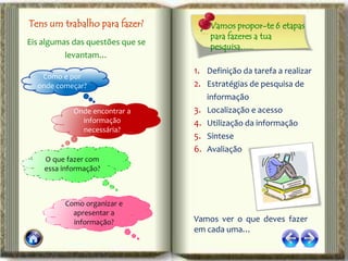 Tens um trabalho para fazer?          Vamos propor-te 6 etapas
                                      para fazeres a tua
Eis algumas das questões que se
                                      pesquisa…..
          levantam…
                                  1. Definição da tarefa a realizar
   Como e por
  onde começar?                   2. Estratégias de pesquisa de
                                     informação
            Onde encontrar a      3. Localização e acesso
              informação          4. Utilização da informação
              necessária?
                                  5. Síntese
                                  6. Avaliação
    O que fazer com
    essa informação?



         Como organizar e
           apresentar a
           informação?            Vamos ver o que deves fazer
                                  em cada uma…
 