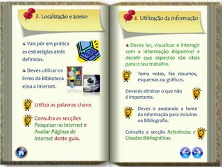 3. Localização e acesso         4. Utilização da informação



  Vais pôr em prática               Deves ler, visualizar e interagir
as estratégias atrás              com a informação disponível e
definidas.                        decidir que aspectos são úteis
                                  para o teu trabalho.
   Deves utilizar os
                                       Toma notas, faz resumos,
livros da Biblioteca                   esquemas ou gráficos.
e/ou a Internet.
                                  Deverás eliminar o que não
                                  é importante.
     Utiliza as palavras chave.
                                       Deves ir anotando a fonte
                                  i    da informação para incluíres
     Consulta as secções               na Bibliografia.
     Pesquisar na Internet e
     Avaliar Páginas de           Consulta a secção Referências e
     Internet deste guia.         Citações Bibliográficas.
 