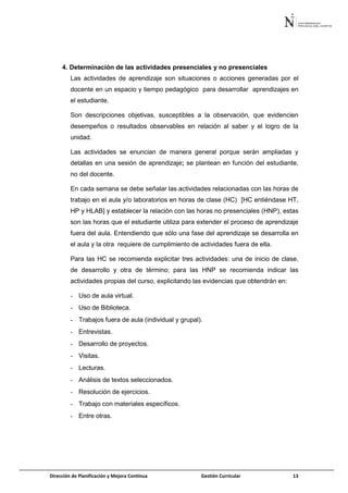 Dirección de Planificación y Mejora Continua Gestión Curricular 13
4. Determinación de las actividades presenciales y no presenciales
Las actividades de aprendizaje son situaciones o acciones generadas por el
docente en un espacio y tiempo pedagógico para desarrollar aprendizajes en
el estudiante.
Son descripciones objetivas, susceptibles a la observación, que evidencien
desempeños o resultados observables en relación al saber y el logro de la
unidad.
Las actividades se enuncian de manera general porque serán ampliadas y
detallas en una sesión de aprendizaje; se plantean en función del estudiante,
no del docente.
En cada semana se debe señalar las actividades relacionadas con las horas de
trabajo en el aula y/o laboratorios en horas de clase (HC) [HC entiéndase HT,
HP y HLAB] y establecer la relación con las horas no presenciales (HNP), estas
son las horas que el estudiante utiliza para extender el proceso de aprendizaje
fuera del aula. Entendiendo que sólo una fase del aprendizaje se desarrolla en
el aula y la otra requiere de cumplimiento de actividades fuera de ella.
Para las HC se recomienda explicitar tres actividades: una de inicio de clase,
de desarrollo y otra de término; para las HNP se recomienda indicar las
actividades propias del curso, explicitando las evidencias que obtendrán en:
- Uso de aula virtual.
- Uso de Biblioteca.
- Trabajos fuera de aula (individual y grupal).
- Entrevistas.
- Desarrollo de proyectos.
- Visitas.
- Lecturas.
- Análisis de textos seleccionados.
- Resolución de ejercicios.
- Trabajo con materiales específicos.
- Entre otras.
 