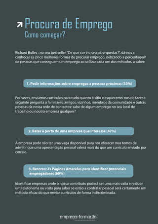 Richard Bolles , no seu bestseller "De que cor é o seu pára-quedas?", dá-nos a
conhecer as cinco melhores formas de procurar emprego, indicando a percentagem
de pessoas que conseguem um emprego ao utilizar cada um dos métodos, a saber:
Por vezes, enviamos currículos para tudo quanto é sítio e esquecemo-nos de fazer a
seguinte pergunta a familiares, amigos, vizinhos, membros da comunidade e outras
pessoas da nossa rede de contactos: sabe de algum emprego no seu local de
trabalho ou noutra empresa qualquer?
A empresa pode não ter uma vaga disponível para nos oferecer mas temos de
admitir que uma apresentação pessoal valerá mais do que um currículo enviado por
correio.
Identificar empresas onde o nosso contributo poderá ser uma mais-valia e realizar
um telefonema ou visita para saber se estão a contratar pessoal será certamente um
método eficaz do que enviar currículos de forma indiscriminada.
1. Pedir informações sobre empregos a pessoas próximas (33%)
Procura de Emprego
Como começar?
2. Bater à porta de uma empresa que interesse (47%)
3. Recorrer às Páginas Amarelas para identificar potenciais
empregadores (69%)
 