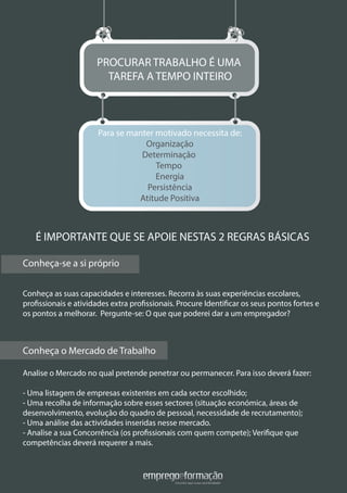 PROCURAR TRABALHO É UMA
TAREFA A TEMPO INTEIRO
É IMPORTANTE QUE SE APOIE NESTAS 2 REGRAS BÁSICAS
Conheça-se a si próprio
Conheça as suas capacidades e interesses. Recorra às suas experiências escolares,
profissionais e atividades extra profissionais. Procure Identificar os seus pontos fortes e
os pontos a melhorar. Pergunte-se: O que que poderei dar a um empregador?
Conheça o Mercado de Trabalho
Analise o Mercado no qual pretende penetrar ou permanecer. Para isso deverá fazer:
- Uma listagem de empresas existentes em cada sector escolhido;
- Uma recolha de informação sobre esses sectores (situação económica, áreas de
desenvolvimento, evolução do quadro de pessoal, necessidade de recrutamento);
- Uma análise das actividades inseridas nesse mercado.
- Analise a sua Concorrência (os profissionais com quem compete); Verifique que
competências deverá requerer a mais.
Para se manter motivado necessita de:
Organização
Determinação
Tempo
Energia
Persistência
Atitude Positiva
Conheça-se a si próprio
Conheça o Mercado de Trabalho
 