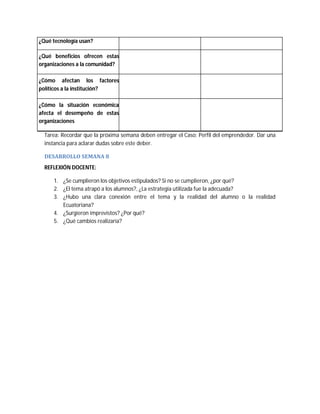 ¿Qué tecnología usan?
¿Qué beneficios ofrecen estas
organizaciones a la comunidad?
¿Cómo afectan los factores
políticos a la institución?
¿Cómo la situación económica
afecta el desempeño de estas
organizaciones
Tarea: Recordar que la próxima semana deben entregar el Caso: Perfil del emprendedor. Dar una
instancia para aclarar dudas sobre este deber.
DESARROLLO	SEMANA	8	
REFLEXIÓN DOCENTE:
1. ¿Se cumplieron los objetivos estipulados? Si no se cumplieron, ¿por qué?
2. ¿El tema atrapó a los alumnos?, ¿La estrategia utilizada fue la adecuada?
3. ¿Hubo una clara conexión entre el tema y la realidad del alumno o la realidad
Ecuatoriana?
4. ¿Surgieron imprevistos? ¿Por qué?
5. ¿Qué cambios realizaría?
 