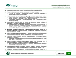 Modelo Académico de Calidad para la Competitividad EMIO-02 20/85
Guía Pedagógica y de Evaluación del Módulo:
Enfermería materno infantil y obstetricia
 Elaborar en grupo un cuadro sinóptico sobre la promoción de la salud reproductiva
 Realizar un sociodrama para describir el proceso de orientación-consejería.
 Participar con preguntas y respuestas al finalizar el sociodrama, recapitulando y
debatiendo en grupo para concluir el tema.
 Realizar exposición libre sobre la promoción y entrega de métodos de planificación familiar
 Explicar y demostrar el procedimiento para promocionar métodos de planificación
familiar, incluyendo lo definido en la norma NOM-005-SSA2-1993.
 Complementar, realimentar y concluir reflexionando sobre la importancia de emitir
información confiable.
 Realizar lectura comentada sobre los métodos de reproducción asistida, analizando y
sintetizando la información para obtener conclusiones.
 Elaborar y exponer una lámina de papel tipo cartulina o bond, para describir ante el
grupo las conclusiones de la lectura comentada, criticando y defendiendo su postura
ante las cuestiones bioéticas y legales de la reproducción asistida, concluir en plenaria
expresando la utilidad del nuevo conocimiento.
 Realizar la actividad de evaluación 1.3.1 considerando el material incluido en el
apartado 9 “Materiales para el desarrollo de actividades de evaluación” de la guía de
evaluación (Práctica núm. 1).
 Explicar mediante una exposición ilustrativa el proceso de fecundación e implantación del
cigoto, concluyendo el tema en plenaria, realimentando y coevaluando la exposición.
 Resumir en fichas de trabajo los elementos de aprendizaje para promocionar la salud del
producto de la concepción.
 Practicar en grupo la forma de proporcionar orientación de enfermería a la futura madre
antes de ir a la práctica clínica.
 Realizar métodos de exposición libre y presentar ante el grupo conclusiones sobre la
promoción para la salud y cuidados de enfermería durante el embarazo.
 Abrir un debate y participar con preguntas y respuestas, realimentando la información
proporcionada en la exposición anterior.
 Elaborar y exponer el plan de cuidos de enfermería durante el embarazo, reflexionando
para concluir sobre el rol tan importante que tiene la enfermera en esta etapa de la vida.
 Realizar la actividad de evaluación 1.4.1 considerando el material incluido en el
 