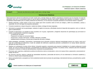 Modelo Académico de Calidad para la Competitividad EMIO-02 22/85
Guía Pedagógica y de Evaluación del Módulo:
Enfermería materno infantil y obstetricia
Unidad II Atención de enfermería al recién nacido sano y de bajo riesgo
Orientaciones Didácticas
Para proporcionar atención de enfermería al recién nacido sano y de bajo riesgo con calidad y seguridad es necesario que se conjunten una serie de
elementos como son; el conocimiento teórico lo que le dará el fundamento científico para actuar, habilidad para aplicarla a la práctica, y actitud y
sensibilidad indispensables para el cuidado profesional de enfermería, a fin de alcanzar el propósito planteado se recomienda realizar lo siguiente:
 Plantea preguntas y aclara dudas al inicio de la unidad para tomar acuerdos sobre la forma de trabajar y definir las actividades y tareas a
desarrollar, con el fin de lograr los propósitos planteados.
 Fomenta la asistencia a clases incluyendo; material de trabajo y entrega de tareas asignadas.
 Administra la progresión de los aprendizajes, mediante el registro de avances y dificultades durante el desarrollo del programa, como un medio de
guiar la realimentación.
 Fomenta la democracia y la equidad al tomar acuerdos con el grupo, organizando y dirigiendo situaciones de aprendizaje que promuevan el
interés y la participación a través de lo siguiente:
 La distribución de tareas
 Preparación de clases con secuencia lógica
 Proporcionar y recabar información; confiable, relevante y completa
 Establecimiento de tiempos y formas para el desarrollo de temas y trabajos
 Utiliza estrategias, actividades, instrumentos y herramientas que le permitan al alumno relacionar aprendizajes previos con nuevos, como es el
caso de la anamnesis de enfermería, el plan de cuidados de enfermería, experiencia personal y profesional en el campo laboral, ejercicios,
ejemplos de casos clínicos, etc.
 Gestiona con anticipación el campo clínico idóneo, incluyendo espacios y escenarios para propiciar la habilidad en el cuidado profesional al recién
nacido, así como la práctica de técnicas y procedimientos de enfermería antes de llevarlos a la práctica clínica, utilizando para ello simuladores,
maniquíes o muñecos o a través de demostraciones o devolución de procedimientos.
 Promueve, guía, supervisa y realimenta la práctica de enfermería, tanto en el laboratorio, como en el campo clínico; asesorando y reconociendo el
trabajo del alumno.
 Se comunica, escucha, observa y atiende las necesidades educativas y personales del alumno a fin de realimentar su formación académica y
reforzar su relación para el desarrollo personal.
 Ejerce acompañamiento o preceptoría en forma sostenida durante todo el proceso de aprendizaje, demostrando técnicas y procedimientos cuando
se requiera.
 