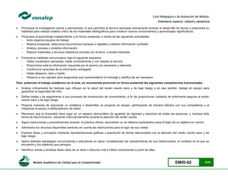 Modelo Académico de Calidad para la Competitividad EMIO-02 23/85
Guía Pedagógica y de Evaluación del Módulo:
Enfermería materno infantil y obstetricia
 Promueve la investigación previa y permanente, lo que permitirá al alumno participar activamente durante el desarrollo de temas y potenciará su
habilidad para realizar análisis crítico de los materiales bibliográficos para construir nuevos conocimientos y aprendizajes significativos.
 Promueve el aprendizaje independiente y en forma sostenida, a través de las siguientes actividades:
 Auto-organiza equipos de trabajo
 Realiza búsqueda, selecciona documentos impresos o digitales y obtiene información confiable
 Analiza, procesa y sintetiza información
 Elabora materiales y recursos didácticos acordes con el tema y tareas indicadas
 Fomenta la habilidad comunicativa, bajo el siguiente esquema:
 Utiliza vocabulario apropiado, habla correctamente y con respeto al alumno
 Proporciona toda la información requerida por el alumno y/o necesaria y relevante
 Confirma la veracidad de la información entregada
 Habla despacio, claro y fuerte.
 Observa a sus oyentes para asegurarse que comprendieron el mensaje y clarifica de ser necesario
Para potenciar el trabajo académico en el aula, se recomienda promover en forma sostenida las siguientes competencias transversales
 Analiza críticamente los factores que influyen en la salud del recién nacido sano y de bajo riesgo y en ese sentido, trabaja en equipo para
garantizar la seguridad del niño.
 Define metas y da seguimiento a sus procesos de construcción de conocimiento, a fin de proporcionar cuidados de enfermería seguros al recién
nacido sano y de bajo riesgo.
 Propone maneras de solucionar un problema o desarrollar un proyecto en equipo, participando de manera efectiva con sus compañeros y al
integrarse al equipo multidisciplinario de salud.
 Reconoce que la diversidad tiene lugar en un espacio democrático de igualdad de dignidad y derechos de todas las personas, y rechaza toda
forma de discriminación, actuando interculturalmente durante la atención del recién nacido.
 Sigue instrucciones y procedimientos durante la práctica clínica, asumiendo un rol reflexivo-participativo para el logro de un objetivo en común.
 Administra los recursos disponibles teniendo en cuenta las restricciones para el logro de sus metas.
 Expresa ideas y conceptos mediante representaciones gráficas y exposición de temas relacionados con la atención del recién nacido sano y de
bajo riesgo.
 Aplica distintas estrategias comunicativas y educativas en salud, considerando las características de sus interlocutores, el contexto en el que se
encuentra y los objetivos que persigue.
 Identifica, extrae y sintetiza ideas clave de un texto o discurso oral e infiere conclusiones a partir de ellas.
 