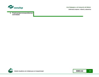 Modelo Académico de Calidad para la Competitividad EMIO-02 32/85
Guía Pedagógica y de Evaluación del Módulo:
Enfermería materno infantil y obstetricia
6. Prácticas/ejercicios/problemas/
actividades
 