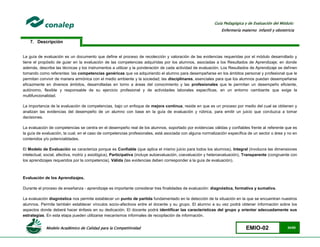 Modelo Académico de Calidad para la Competitividad EMIO-02 34/85
Guía Pedagógica y de Evaluación del Módulo:
Enfermería materno infantil y obstetricia
7. Descripción
La guía de evaluación es un documento que define el proceso de recolección y valoración de las evidencias requeridas por el módulo desarrollado y
tiene el propósito de guiar en la evaluación de las competencias adquiridas por los alumnos, asociadas a los Resultados de Aprendizaje; en donde
además, describe las técnicas y los instrumentos a utilizar y la ponderación de cada actividad de evaluación. Los Resultados de Aprendizaje se definen
tomando como referentes: las competencias genéricas que va adquiriendo el alumno para desempeñarse en los ámbitos personal y profesional que le
permitan convivir de manera armónica con el medio ambiente y la sociedad; las disciplinares, esenciales para que los alumnos puedan desempeñarse
eficazmente en diversos ámbitos, desarrolladas en torno a áreas del conocimiento y las profesionales que le permitan un desempeño eficiente,
autónomo, flexible y responsable de su ejercicio profesional y de actividades laborales específicas, en un entorno cambiante que exige la
multifuncionalidad.
La importancia de la evaluación de competencias, bajo un enfoque de mejora continua, reside en que es un proceso por medio del cual se obtienen y
analizan las evidencias del desempeño de un alumno con base en la guía de evaluación y rúbrica, para emitir un juicio que conduzca a tomar
decisiones.
La evaluación de competencias se centra en el desempeño real de los alumnos, soportado por evidencias válidas y confiables frente al referente que es
la guía de evaluación, la cual, en el caso de competencias profesionales, está asociada con alguna normalización específica de un sector o área y no en
contenidos y/o potencialidades.
El Modelo de Evaluación se caracteriza porque es Confiable (que aplica el mismo juicio para todos los alumnos), Integral (involucra las dimensiones
intelectual, social, afectiva, motriz y axiológica), Participativa (incluye autoevaluación, coevaluación y heteroevaluación), Transparente (congruente con
los aprendizajes requeridos por la competencia), Válida (las evidencias deben corresponder a la guía de evaluación).
Evaluación de los Aprendizajes.
Durante el proceso de enseñanza - aprendizaje es importante considerar tres finalidades de evaluación: diagnóstica, formativa y sumativa.
La evaluación diagnóstica nos permite establecer un punto de partida fundamentado en la detección de la situación en la que se encuentran nuestros
alumnos. Permite también establecer vínculos socio-afectivos entre el docente y su grupo. El alumno a su vez podrá obtener información sobre los
aspectos donde deberá hacer énfasis en su dedicación. El docente podrá identificar las características del grupo y orientar adecuadamente sus
estrategias. En esta etapa pueden utilizarse mecanismos informales de recopilación de información.
 