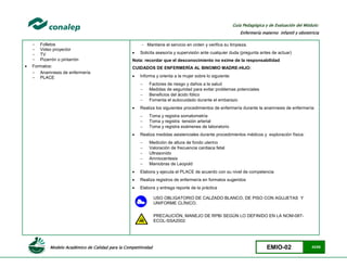 Modelo Académico de Calidad para la Competitividad EMIO-02 43/85
Guía Pedagógica y de Evaluación del Módulo:
Enfermería materno infantil y obstetricia
- Folletos
- Video proyector
- TV
- Pizarrón o pintarrón
 Formatos:
- Anamnesis de enfermería
- PLACE
 Mantiene el servicio en orden y verifica su limpieza.
 Solicita asesoría y supervisión ante cualquier duda (pregunta antes de actuar)
Nota: recordar que el desconocimiento no exime de la responsabilidad
CUIDADOS DE ENFERMERÍA AL BINOMIO MADRE-HIJO:
 Informa y orienta a la mujer sobre lo siguiente:
 Factores de riesgo y daños a la salud
 Medidas de seguridad para evitar problemas potenciales
 Beneficios del ácido fólico
 Fomenta el autocuidado durante el embarazo
 Realiza los siguientes procedimientos de enfermería durante la anamnesis de enfermería:
 Toma y registra somatometría
 Toma y registra tensión arterial
 Toma y registra exámenes de laboratorio
 Realiza medidas asistenciales durante procedimientos médicos y exploración física:
 Medición de altura de fondo uterino
 Valoración de frecuencia cardiaca fetal
 Ultrasonido
 Amniocentesis
 Maniobras de Leopold
 Elabora y ejecuta el PLACE de acuerdo con su nivel de competencia
 Realiza registros de enfermería en formatos sugeridos
 Elabora y entrega reporte de la práctica
USO OBLIGATORIO DE CALZADO BLANCO, DE PISO CON AGUJETAS Y
UNIFORME CLÍNICO.
PRECAUCIÓN, MANEJO DE RPBI SEGÚN LO DEFINIDO EN LA NOM-087-
ECOL-SSA2002
 