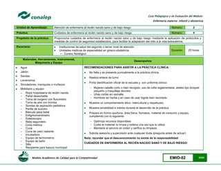 Modelo Académico de Calidad para la Competitividad EMIO-02 53/85
Guía Pedagógica y de Evaluación del Módulo:
Enfermería materno infantil y obstetricia
Unidad de Aprendizaje: Atención de enfermería al recién nacido sano y de bajo riesgo Número: 2
Práctica: Cuidados de enfermería al recién nacido sano y de bajo riesgo Número: 4
Propósito de la práctica: Proporciona cuidados de enfermería al recién nacido sano y de bajo riesgo mediante la aplicación de protocolos y
medidas de control de seguridad establecidos, para facilitar la adaptación del niño a la vida extrauterina.
Escenario:  Instituciones de salud del segundo o tercer nivel de atención
 Unidades médicas de especialidad en gineco-obstetricia
− Cunero fisiológico
Duración 25 horas
Materiales, Herramientas, Instrumental,
Maquinaria y Equipo
Desempeños
 Agua
 Jabón
 Sanitas
 Lavamanos
 Simuladores, maniquíes o muñecos
 Mobiliario y equipo:
- Ropa hospitalaria de recién nacido
- Pañal desechable
- Toma de oxígeno con fluxometro
- Toma de aire con tromba
- Sondas de aspiración pediátrica
- Perilla de succión
- Báscula pesa bebé
- Esfigmomanómetro
- Estetoscopio
- Reloj segundero
- Cinta métrica
- Cuna
- Cuna de calor radiante
- Incubadora
- Equipo de termometría
- Equipo de baño
- Silla
- Recipiente para basura municipal
RECOMENDACIONES PARA ASISTIR A LA PRÁCTICA CLÍNICA:
 No falta y se presenta puntualmente a la práctica clínica
 Realiza enlace de turno
 Porta identificación oficial de la escuela y con uniforme clínico:
 Mujeres cabello corto o bien recogido, uso de cofia reglamentaria, aretes tipo broquel
pequeño y maquillaje discreto
 Uñas cortas sin esmalte
 Hombres sin barba y en caso de usar bigote bien recortado
 Muestra un comportamiento ético, intercultural y respetuoso
 Muestra amabilidad e interés durante el desarrollo de la práctica
 Prepara en forma oportuna; área física, formatos, material de consumo y equipo,
cumpliendo con lo siguiente:
 Optimiza recursos disponibles
 Cuida el material; lo limpia y ordena una vez que lo utiliza
 Mantiene el servicio en orden y verifica su limpieza.
 Solicita asesoría y supervisión ante cualquier duda (pregunta antes de actuar)
Nota: recordar que el desconocimiento no exime de la responsabilidad
CUIDADOS DE ENFERMERÍA AL RECIÉN NACIDO SANO Y DE BAJO RIESGO:
 