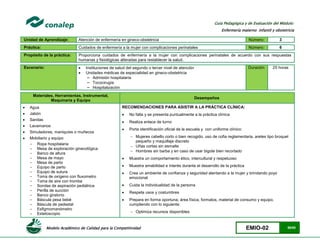 Modelo Académico de Calidad para la Competitividad EMIO-02 58/85
Guía Pedagógica y de Evaluación del Módulo:
Enfermería materno infantil y obstetricia
Unidad de Aprendizaje: Atención de enfermería en gineco-obstetricia Número: 3
Práctica: Cuidados de enfermería a la mujer con complicaciones perinatales Número: 6
Propósito de la práctica: Proporciona cuidados de enfermería a la mujer con complicaciones perinatales de acuerdo con sus respuestas
humanas y fisiológicas alteradas para restablecer la salud.
Escenario:  Instituciones de salud del segundo o tercer nivel de atención
 Unidades médicas de especialidad en gineco-obstetricia
− Admisión hospitalaria
− Tococirugía
− Hospitalización
Duración 25 horas
Materiales, Herramientas, Instrumental,
Maquinaria y Equipo
Desempeños
 Agua
 Jabón
 Sanitas
 Lavamanos
 Simuladores, maniquíes o muñecos
 Mobiliario y equipo
- Ropa hospitalaria
- Mesa de exploración ginecológica
- Banco de altura
- Mesa de mayo
- Mesa de parto
- Equipo de parto
- Equipo de sutura
- Toma de oxígeno con fluxometro
- Toma de aire con tromba
- Sondas de aspiración pediátrica
- Perilla de succión
- Banco giratorio
- Báscula pesa bebé
- Báscula de pedestal
- Esfigmomanómetro
- Estetoscopio
RECOMENDACIONES PARA ASISTIR A LA PRÁCTICA CLÍNICA:
 No falta y se presenta puntualmente a la práctica clínica
 Realiza enlace de turno
 Porta identificación oficial de la escuela y con uniforme clínico:
 Mujeres cabello corto o bien recogido, uso de cofia reglamentaria, aretes tipo broquel
pequeño y maquillaje discreto
 Uñas cortas sin esmalte
 Hombres sin barba y en caso de usar bigote bien recortado
 Muestra un comportamiento ético, intercultural y respetuoso
 Muestra amabilidad e interés durante el desarrollo de la práctica
 Crea un ambiente de confianza y seguridad alentando a la mujer y brindando poyo
emocional
 Cuida la individualidad de la persona
 Respeta usos y costumbres
 Prepara en forma oportuna; área física, formatos, material de consumo y equipo,
cumpliendo con lo siguiente:
 Optimiza recursos disponibles
 