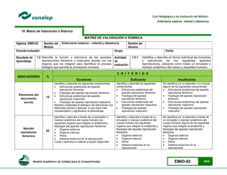 Modelo Académico de Calidad para la Competitividad EMIO-02 66/85
Guía Pedagógica y de Evaluación del Módulo:
Enfermería materno infantil y obstetricia
10. Matriz de Valoración ó Rúbrica
MATRIZ DE VALORACIÓN O RÚBRICA
Siglema: EMIO-02 Nombre del
Módulo:
Enfermería materno – infantil y obstetricia Nombre del
Alumno:
Docente evaluador: Grupo: Fecha:
Resultado de
Aprendizaje:
1.2 Describe la función y estructura de los aparatos
reproductores femenino y masculino acorde con los
órganos que los integran para identificar el proceso
biológico que permite la concepción humana.
Actividad
de
evaluación:
1.2.1 Identifica y describe en forma individual las funciones
y estructuras de los siguientes aparatos
reproductores, utilizando como medio un simulador o
maniquí anatómico del cuerpo y esqueleto humano.
INDICADORES %
C R I T E R I O S
Excelente Suficiente Insuficiente
Elementos del
documento
escrito
10
Identifica y describe los siguientes componentes:
 Estructuras anatómicas del aparato
reproductor femenino
 Fisiología del aparato reproductor femenino
 Estructuras anatómicas del aparato
reproductor masculino
 Fisiología del aparato reproductor masculino
Muestra creatividad al distinguir las estructuras con
diferentes colores y texturas, lo que hace más
representativo y significativo el aprendizaje
Identifica y describe los siguientes
componentes:
 Estructuras anatómicas del
aparato reproductor femenino
 Fisiología del aparato
reproductor femenino
 Estructuras anatómicas del
aparato reproductor masculino
 Fisiología del aparato
reproductor masculino
No identifica y/o no describe o no incluye
alguno de los siguientes componentes:
 Estructuras anatómicas del aparato
reproductor femenino
 Fisiología del aparato reproductor
femenino
 Estructuras anatómicas del aparato
reproductor masculino
 Fisiología del aparato reproductor
masculino
Aparato
reproductor
femenino
40
Identifica y describe a través de un simulador o
maniquí anatómico del cuerpo humano los
siguientes órganos que integran la anatomía y
fisiología del aparato reproductor femenino
 Órganos externos
 Órganos internos
 Pelvis
 Sistema endocrino en la reproducción
Cuida y optimiza el material y equipo disponible
Identifica y describe a través de un
simulador o maniquí anatómico del
cuerpo humano los siguientes
órganos que integran la anatomía y
fisiología del aparato reproductor
femenino
 Órganos externos
 Órganos internos
 Pelvis
 Sistema endocrino en la
reproducción
No identifica y/o no describe a través de
un simulador o maniquí anatómico del
cuerpo humano alguno de los siguientes
órganos que integran la anatomía y
fisiología del aparato reproductor
femenino
 Órganos externos
 Órganos internos
 Pelvis
 Sistema endocrino en la
reproducción
 