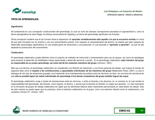 Modelo Académico de Calidad para la Competitividad EMIO-02 7/85
Guía Pedagógica y de Evaluación del Módulo:
Enfermería materno infantil y obstetricia
TIPOS DE APRENDIZAJES.
Significativo
Se fundamenta en una concepción constructivista del aprendizaje, la cual se nutre de diversas concepciones asociadas al cognoscitivismo, como la
teoría psicogenética de Jean Piaget, el enfoque sociocultural de Vygotsky y la teoría del aprendizaje significativo de Ausubel.
Dicha concepción sostiene que el ser humano tiene la disposición de aprender verdaderamente sólo aquello a lo que le encuentra sentido en virtud
de que está vinculado con su entorno o con sus conocimientos previos. Con respecto al comportamiento del alumno, se espera que sean capaces de
desarrollar aprendizajes significativos, en una amplia gama de situaciones y circunstancias, lo cual equivale a “aprender a aprender”, ya que de ello
depende la construcción del conocimiento.
Colaborativo.
El aprendizaje colaborativo puede definirse como el conjunto de métodos de instrucción o entrenamiento para uso en grupos, así como de estrategias
para propiciar el desarrollo de habilidades mixtas (aprendizaje y desarrollo personal y social). En el aprendizaje colaborativo cada miembro del grupo
es responsable de su propio aprendizaje, así como del de los restantes miembros del grupo (Johnson, 1993.)
Más que una técnica, el aprendizaje colaborativo es considerado una filosofía de interacción y una forma personal de trabajo, que implica el manejo de
aspectos tales como el respeto a las contribuciones y capacidades individuales de los miembros del grupo (Maldonado Pérez, 2007). Lo que lo
distingue de otro tipo de situaciones grupales, es el desarrollo de la interdependencia positiva entre los alumnos, es decir, de una toma de conciencia de
que sólo es posible lograr las metas individuales de aprendizaje si los demás compañeros del grupo también logran las suyas.
El aprendizaje colaborativo surge a través de transacciones entre los alumnos, o entre el docente y los alumnos, en un proceso en el cual cambia la
responsabilidad del aprendizaje, del docente como experto, al alumno, y asume que el docente es también un sujeto que aprende. Lo más importante
en la formación de grupos de trabajo colaborativo es vigilar que los elementos básicos estén claramente estructurados en cada sesión de trabajo. Sólo
de esta manera se puede lograr que se produzca, tanto el esfuerzo colaborativo en el grupo, como una estrecha relación entre la colaboración y los
resultados (Johnson & F. Johnson, 1997).
 