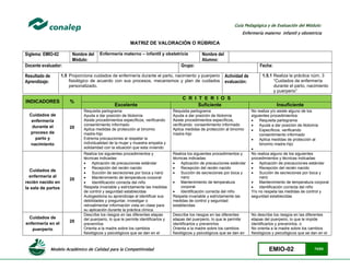 Modelo Académico de Calidad para la Competitividad EMIO-02 74/85
Guía Pedagógica y de Evaluación del Módulo:
Enfermería materno infantil y obstetricia
MATRIZ DE VALORACIÓN O RÚBRICA
Siglema: EMIO-02 Nombre del
Módulo:
Enfermería materno – infantil y obstetricia Nombre del
Alumno:
Docente evaluador: Grupo: Fecha:
Resultado de
Aprendizaje:
1.5 Proporciona cuidados de enfermería durante el parto, nacimiento y puerperio
fisiológico de acuerdo con sus procesos, mecanismos y plan de cuidados
personalizado.
Actividad de
evaluación:
1.5.1 Realiza la práctica núm. 3
“Cuidados de enfermería
durante el parto, nacimiento
y puerperio”
INDICADORES %
C R I T E R I O S
Excelente Suficiente Insuficiente
Cuidados de
enfermería
durante el
proceso de
parto y
nacimiento
20
Requisita partograma
Ayuda a dar posición de litotomía
Asiste procedimientos específicos, verificando
consentimiento informado
Aplica medidas de protección al binomio
madre-hijo
Extrema precauciones al respetar la
individualidad de la mujer y muestra empatía y
solidaridad con la situación que esta viviendo
Requisita partograma
Ayuda a dar posición de litotomía
Asiste procedimientos específicos,
verificando consentimiento informado
Aplica medidas de protección al binomio
madre-hijo
No realiza y/o asiste alguno de los
siguientes procedimientos:
 Requisita partograma
 Ayuda a dar posición de litotomía
 Específicos, verificando
consentimiento informado
 Aplica medidas de protección al
binomio madre-hijo

Cuidados de
enfermería al
recién nacido en
la sala de partos
20
Realiza los siguientes procedimientos y
técnicas indicadas:
 Aplicación de precauciones estándar
 Recepción del recién nacido
 Succión de secreciones por boca y nariz
 Mantenimiento de temperatura corporal
 Identificación correcta del niño
Respeta invariable y estrictamente las medidas
de control y seguridad establecidas
Autogestiona su aprendizaje al identificar sus
debilidades y preguntar, investigar o
retroalimentar información vista en clase para
su aplicación durante la práctica clínica.
Realiza los siguientes procedimientos y
técnicas indicadas:
 Aplicación de precauciones estándar
 Recepción del recién nacido
 Succión de secreciones por boca y
nariz
 Mantenimiento de temperatura
corporal
 Identificación correcta del niño
Respeta invariable y estrictamente las
medidas de control y seguridad
establecidas
No realiza alguno de los siguientes
procedimientos y técnicas indicadas:
 Aplicación de precauciones estándar
 Recepción del recién nacido
 Succión de secreciones por boca y
nariz
 Mantenimiento de temperatura corporal
 Identificación correcta del niño
Y/o no respeta las medidas de control y
seguridad establecidas
Cuidados de
enfermería en el
puerperio
20
Describe los riesgos en las diferentes etapas
del puerperio, lo que le permite identificarlos y
prevenirlos
Orienta a la madre sobre los cambios
fisiológicos y psicológicos que se dan en el
Describe los riesgos en las diferentes
etapas del puerperio, lo que le permite
identificarlos y prevenirlos
Orienta a la madre sobre los cambios
fisiológicos y psicológicos que se dan en
No describe los riesgos en las diferentes
etapas del puerperio, lo que le impide
identificarlos y prevenirlos, o
No orienta a la madre sobre los cambios
fisiológicos y psicológicos que se dan en el
 