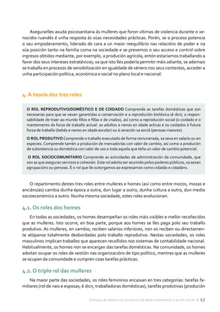 Enfoque de xénero nos proxectos de desenvolvemento e acción social ı 17
Asegurarlles axuda psicosanitaria ás mulleres que foron vítimas de violencia durante o xe-
nocidio ruandés é unha resposta ás súas necesidades prácticas. Porén, se o proceso potencia
o seu empoderamento, liderado de cara a un maior reequilibrio nas relacións de poder e na
súa posición tanto na familia coma na sociedade e se prevemos o seu acceso e control sobre
ingresos obtidos mediante, por exemplo, a produción agrícola, entón estariamos traballando a
favor dos seus intereses estratéxicos; xa que isto lles podería permitir máis adiante, se ademais
se traballa en procesos de sensibilización en igualdade de xénero nos seus contextos, acceder a
unha participación política, económica e social no plano local e nacional.
4. A teoría dos tres roles
O ROL REPRODUTIVO/DOMÉSTICO E DE COIDADO Comprende as tarefas domésticas que son
necesarias para que se vexan garantidas a conservación e a reprodución biolóxica (é dicir, a respon-
sabilidade de traer ao mundo fillos e fillas e de crialos), así como a reprodución social (o coidado e o
mantemento da forza de traballo actual: os adultos e nenos en idade activa) e os coidados á futura
forza de traballo (bebés e nenos en idade escolar) ou á xeración xa anciá (persoas maiores).
O ROL PRODUTIVO Comprende o traballo executado de forma remunerada, xa sexa en salario ou en
especies. Comprende tamén a produción de mercadorías con valor de cambio, así como a produción
de subsistencia ou doméstica con valor de uso e toda aquela que teña un valor de cambio potencial.
O ROL SOCIOCOMUNITARIO Comprende as actividades de administración da comunidade, que
son as que aseguran servizos e cohesión. Este rol adoita ser asumido polos poderes públicos, xa sexan
agrupacións ou persoas. É o rol que lle outorgamos ao expresarnos como cidadás e cidadáns.
O repartimento destes tres roles entre mulleres e homes (así como entre mozos, mozas e
anciáns/as) cambia dunha época a outra, dun lugar a outro, dunha cultura a outra, dun medio
socioeconómico a outro. Nunha mesma sociedade, estes roles evolucionan.
4.1. Os roles dos homes
En todas as sociedades, os homes desempeñan os roles máis visibles e mellor recoñecidos
que as mulleres. Isto ocorre, en boa parte, porque aos homes se lles paga polo seu traballo
produtivo. As mulleres, en cambio, reciben salarios inferiores, non os reciben ou directamen-
te atópanse totalmente desbordadas polo traballo reprodutivo. Nestas sociedades, os roles
masculinos implican traballos que aparecen recollidos nos sistemas de contabilidade nacional.
Habitualmente, os homes non se encargan das tarefas domésticas. Na comunidade, os homes
adoitan ocupar os roles de xestión nas organizacións de tipo político, mentres que as mulleres
se ocupan da comunidade e cumpren coas tarefas prácticas.
4.2. O triplo rol das mulleres
Na maior parte das sociedades, os roles femininos encaixan en tres categorías: tarefas fa-
miliares (rol de nais e esposas; é dicir, traballadoras domésticas), tarefas produtivas (produción
 