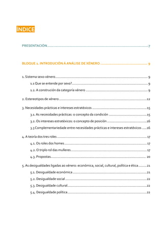 ÍNDICE
PRESENTACIÓN....................................................................................................7
BLOQUE 1. INTRODUCIÓN Á ANÁLISE DE XÉNERO............................................... 9
1. Sistema sexo-xénero..................................................................................................... 9
1.1 Que se entende por sexo?.................................................................................. 9
1.2. A construción da categoría xénero .................................................................... 9
2. Estereotipos de xénero................................................................................................12
3. Necesidades prácticas e intereses estratéxicos............................................................15
3.1. As necesidades prácticas: o concepto da condición..........................................15
3.2. Os intereses estratéxicos: o concepto de posición............................................16
3.3 Complementariedade entre necesidades prácticas e intereses estratéxicos......16
4. A teoría dos tres roles..................................................................................................17
4.1. Os roles dos homes..........................................................................................17
4.2. O triplo rol das mulleres...................................................................................17
4.3. Propostas....................................................................................................... 20
5. As desigualdades ligadas ao xénero: económica, social, cultural, política e ética..........21
5.1. Desigualdade económica.................................................................................21
5.2. Desigualdade social.........................................................................................22
5.3. Desigualdade cultural......................................................................................22
5.4. Desigualdade política.......................................................................................22
 