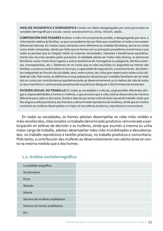 Enfoque de xénero nos proxectos de desenvolvemento e acción social ı 39
ANÁLISE XEOGRÁFICA E DEMOGRÁFICA Contar con datos desagregados por sexo para todas as
variables demográficas e sociais: sector socioeconómico, etnia, relixión, idade...
COMPOSICIÓN DOS FOGARES Analizar o máis minuciosamente posible, e desagregando por sexo, a
información relativa ás familias, xa que non podemos dar por feito que constitúen un todo e non existen
diferenzas internas. En moitos casos, tómanse como referencia as unidades familiares, sen ter en conta
como están compostas, dando por feito que os homes son os principais provedores económicos e que
todas as persoas que as integran teñen as mesmas necesidades, intereses e benefícianse equitativa-
mente dos recursos xerados polos proxectos. A realidade adoita ser moito máis diversa, as estruturas
familiares varían moito duns lugares a outros (existencia de monogamia ou poligamia, familias exten-
sas, monoparentais, etc.). Debemos ter en conta que os roles asumidos ou asignados ao interior das
familias, o acceso e control sobre os recursos, a capacidade de negociación, a autonomía etc. dos distin-
tos integrantes en función da súa idade, sexo, entre outros, ten unha gran repercusión sobre a súa cali-
dade de vida. Polo tanto, se definimos a nosa poboación obxectiva por unidades familiares sen ter todo
isto en conta non contribuiremos equitativamente ao desenvolvemento ou á mellora de vida de todos
os seus membros e continuaranse perpetuando as prácticas desiguais e discriminatorias existentes.
DIVISIÓN SEXUAL DO TRABALLO En todas as sociedades e culturas, asígnanselles diferentes obri-
gas e responsabilidades a homes e mulleres, o que provoca que a vida cotiá se desenvolva de maneira
diferente para cada un dos sexos. Existe a idea de que existe unha división sexual do traballo ríxido que
lles asigna a esfera produtiva aos homes e a denominada reprodutiva ás mulleres, aínda que en moitos
contextos as mulleres desempeñan un triplo rol nas esferas produtiva, reprodutiva e comunitaria.
En todas as sociedades, os homes adoitan desempeñar os roles máis visibles e
máis recoñecidos, relacionados co traballo denominado produtivo-remunerado e par-
ticipación en esferas de decisión e as mulleres, aínda que asumen a mesma ou unha
maior carga de traballo, adoitan desempeñar roles máis invisibilizados e desvaloriza-
dos: no traballo reprodutivo e tarefas prácticas, no traballo produtivo e comunitario.
Polo tanto, a contribución das mulleres ao desenvolvemento non adoita terse en con-
ta na mesma medida que a dos homes.
1.2. Análise sociodemográfica
Localidade xeográfica
Rural/urbana
Etnia
Relixión
Idioma
Número de mulleres analfabetas
Número de homes analfabetos
Etc.
 
