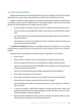 Enfoque de xénero nos proxectos de desenvolvemento e acción social ı 45
9 Análise das actividades
Identificación de elementos de inequidade entre a carga de traballo e a valoración social das
actividades que, na súa maioría, desempeñan as mulleres e as que efectúan os homes.
Indagar e analizar as razóns polas que o proxecto orienta determinadas actividades para
as mulleres ou para os homes. Reflexión acerca das oportunidades e restricións que crea esta
distribución de actividades para as mulleres e para os homes.
•	 Como participan as mulleres e como os homes nos distintos ámbitos de interacción?
•	 Como se valoran as actividades das mulleres e dos homes en cada ámbito de interac-
ción?
•	 Que estereotipos existen sobre a participación das mulleres e dos homes en cada ám-
bito de interacción?
•	 Que efectos se cre que ten esa distribución sobre a vida das mulleres e os homes, así
como o benestar da comunidade?
Un perfil de actividades identifica as actividades produtivas, reprodutivas e comunitarias
dunha persoa, a valoración social e a remuneración e indica o tempo, a frecuencia e o lugar de
traballo.
Análise de roles e actividades nos ámbitos produtivo, reprodutivo e comunitario:
•	 Quen fai que?
•	 Que fan homes e mulleres, canto tempo lles leva, con que frecuencia, onde?
•	 Como se complementan entre si as actividades das mulleres coas dos homes?
•	 Cales son as súas principais responsabilidades, como organizan a súa vida cotiá (o seu
tempo), de que tempo dispoñen?
•	 Cales son as características das actividades asignadas aos homes/mulleres?
•	 Cales están valoradas e/ou remuneradas?
•	 Que conflitos se poderían presentar a partir desta distribución de actividades?
•	 Que implicación ten para o proxecto esta división do traballo?
•	 Das actividades relacionadas co obxectivo do proxecto, cales realizarán as mulleres e
cales os homes?
•	 A través do proxecto, identificamos algunha iniciativa para promover unha maior
igualdade na distribución de cargas de traballo, cambios de roles, promoción da co-
rresponsabilidade en distintos ámbitos?
•	 Que implicacións poderían ter estes cambios na división sexual do traballo, nas rela-
cións de xénero e na posición e condición das mulleres?
 