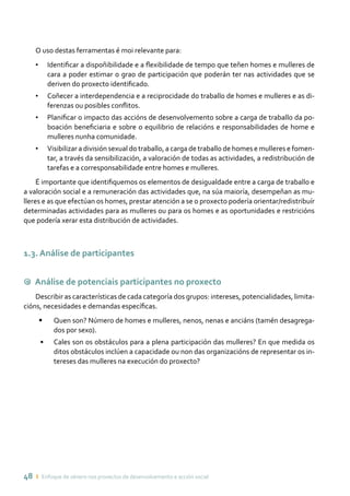 48 ı Enfoque de xénero nos proxectos de desenvolvemento e acción social
O uso destas ferramentas é moi relevante para:
•	 Identificar a dispoñibilidade e a flexibilidade de tempo que teñen homes e mulleres de
cara a poder estimar o grao de participación que poderán ter nas actividades que se
deriven do proxecto identificado.
•	 Coñecer a interdependencia e a reciprocidade do traballo de homes e mulleres e as di-
ferenzas ou posibles conflitos.
•	 Planificar o impacto das accións de desenvolvemento sobre a carga de traballo da po-
boación beneficiaria e sobre o equilibrio de relacións e responsabilidades de home e
mulleres nunha comunidade.
•	 Visibilizar a división sexual do traballo, a carga de traballo de homes e mulleres e fomen-
tar, a través da sensibilización, a valoración de todas as actividades, a redistribución de
tarefas e a corresponsabilidade entre homes e mulleres.
É importante que identifiquemos os elementos de desigualdade entre a carga de traballo e
a valoración social e a remuneración das actividades que, na súa maioría, desempeñan as mu-
lleres e as que efectúan os homes, prestar atención a se o proxecto podería orientar/redistribuír
determinadas actividades para as mulleres ou para os homes e as oportunidades e restricións
que podería xerar esta distribución de actividades.
1.3. Análise de participantes
9 Análise de potenciais participantes no proxecto
Describir as características de cada categoría dos grupos: intereses, potencialidades, limita-
cións, necesidades e demandas específicas.
•	 Quen son? Número de homes e mulleres, nenos, nenas e anciáns (tamén desagrega-
dos por sexo).
•	 Cales son os obstáculos para a plena participación das mulleres? En que medida os
ditos obstáculos inclúen a capacidade ou non das organizacións de representar os in-
tereses das mulleres na execución do proxecto?
 