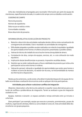 88 ı Enfoque de xénero nos proxectos de desenvolvemento e acción social
Unha das metodoloxías empregadas para recompilar información por parte do equipo de
monitoraxe, especificamente da sede, é o caderno de campo como se detalla a continuación:
CADERNO DE CAMPO
Nome do proxecto:
Número de expediente:
Data na que se realiza a visita:
Comunidades visitadas:
Breve descrición do proxecto:
INFORMACIÓN RELATIVA Á EXECUCIÓN DO PROXECTO
Relación e descrición das actividades realizadas dende a última visita e actualización do1.	
cronograma de actividades. Citar o resultado e as actividades do cronograma.
Dificultades atopadas e posibles axustes realizados con relación á equidade e igualdade2.	
de oportunidades entre homes e mulleres (situacións presentadas e posibles saídas).
Valoración técnica do traballo do socio local en temas de equidade de xénero.3.	
Constatación de obra, compra de equipos, servizos, etc. e a súa utilización de modo4.	
equitativo.
Implicación dos/as beneficiario/as no proxecto. Impresións recollidas destes.5.	
Xestións que se están realizando para a futura viabilidade do proxecto que inclúa unha6.	
participación activa entre homes e mulleres.
Valoración persoal, indicando a igualdade de oportunidades que existiu para homes e7.	
mulleres na toma de decisións, na xestión de recursos, na horizontalidade do manexo
da información e disposicións.
Nestes puntos anteriores, cando existe unha determinada desintegración do equipo de tra-
ballo recoméndase a realización de encontros onde se apliquen técnicas participativas.
Actividades para coñecer e solucionar conflitos de integración
Obxectivo: desenvolver unha técnica de avaliación e expoñer novas alternativas para a so-
lución de conflitos e problemáticas de integración. Tamén se analizará o grao de integración
acadado ou non.
Equipos, materiais e duración: un espazo axeitado e tempo estimado entre 30 minutos e
unha hora.
Quen participan?: por exemplo, equipo que executa o proxecto, promotores/as, grupos de
mulleres, organizacións de base, líderes ou comunidade en xeral, etc. Esta actividade debe des-
envolverse con grupos pequenos.
 