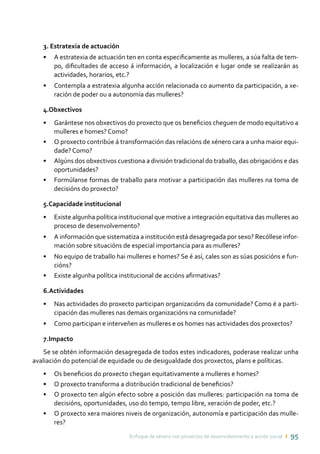 Enfoque de xénero nos proxectos de desenvolvemento e acción social ı 95
3. Estratexia de actuación
•	 A estratexia de actuación ten en conta especificamente as mulleres, a súa falta de tem-
po, dificultades de acceso á información, a localización e lugar onde se realizarán as
actividades, horarios, etc.?
•	 Contempla a estratexia algunha acción relacionada co aumento da participación, a xe-
ración de poder ou a autonomía das mulleres?
4.Obxectivos
•	 Garántese nos obxectivos do proxecto que os beneficios cheguen de modo equitativo a
mulleres e homes? Como?
•	 O proxecto contribúe á transformación das relacións de xénero cara a unha maior equi-
dade? Como?
•	 Algúns dos obxectivos cuestiona a división tradicional do traballo, das obrigacións e das
oportunidades?
•	 Formúlanse formas de traballo para motivar a participación das mulleres na toma de
decisións do proxecto?
5.Capacidade institucional
•	 Existe algunha política institucional que motive a integración equitativa das mulleres ao
proceso de desenvolvemento?
•	 A información que sistematiza a institución está desagregada por sexo? Recóllese infor-
mación sobre situacións de especial importancia para as mulleres?
•	 No equipo de traballo hai mulleres e homes? Se é así, cales son as súas posicións e fun-
cións?
•	 Existe algunha política institucional de accións afirmativas?
6.Actividades
•	 Nas actividades do proxecto participan organizacións da comunidade? Como é a parti-
cipación das mulleres nas demais organizacións na comunidade?
•	 Como participan e interveñen as mulleres e os homes nas actividades dos proxectos?
7.Impacto
Se se obtén información desagregada de todos estes indicadores, poderase realizar unha
avaliación do potencial de equidade ou de desigualdade dos proxectos, plans e políticas.
•	 Os beneficios do proxecto chegan equitativamente a mulleres e homes?
•	 O proxecto transforma a distribución tradicional de beneficios?
•	 O proxecto ten algún efecto sobre a posición das mulleres: participación na toma de
decisións, oportunidades, uso do tempo, tempo libre, xeración de poder, etc.?
•	 O proxecto xera maiores niveis de organización, autonomía e participación das mulle-
res?
 